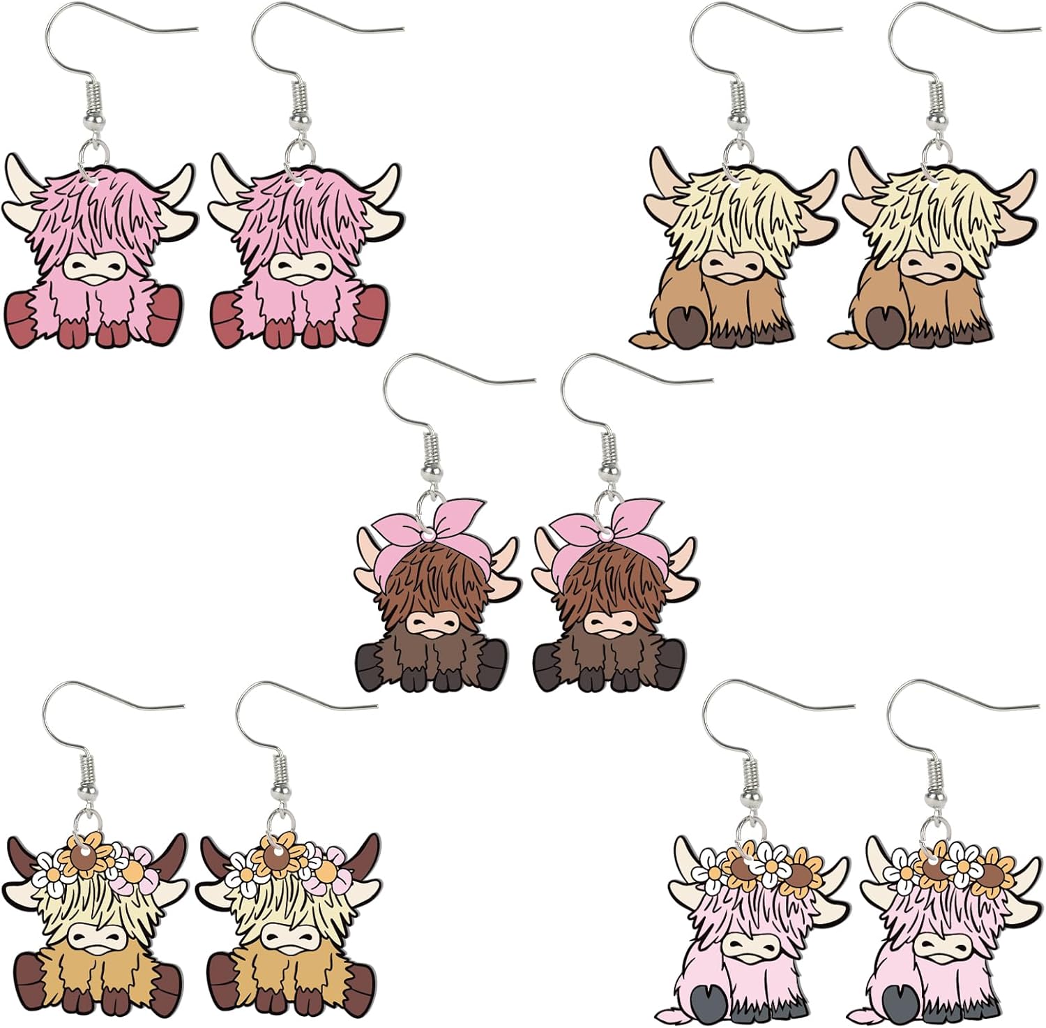 Whaline 5 Pairs Highland Cow Acrylic Earrings Cute Cow Dangle Earrings Decorative Drop Earrings for Women Girls Jewelry Party Gift Accessories Supplies