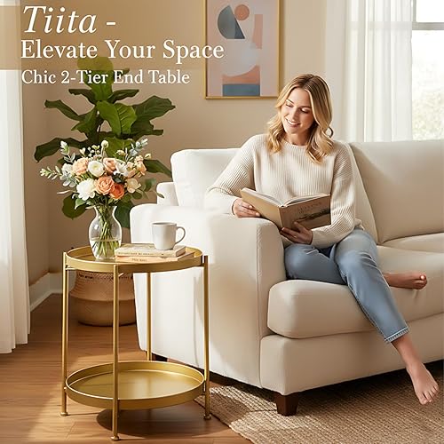 Miniatura 5 de Tiita Paquete de 2 mesas auxiliares redondas, mesa auxiliar mental, mesas pequeñas de madera, mesa auxiliar con bandeja de madera para sala de