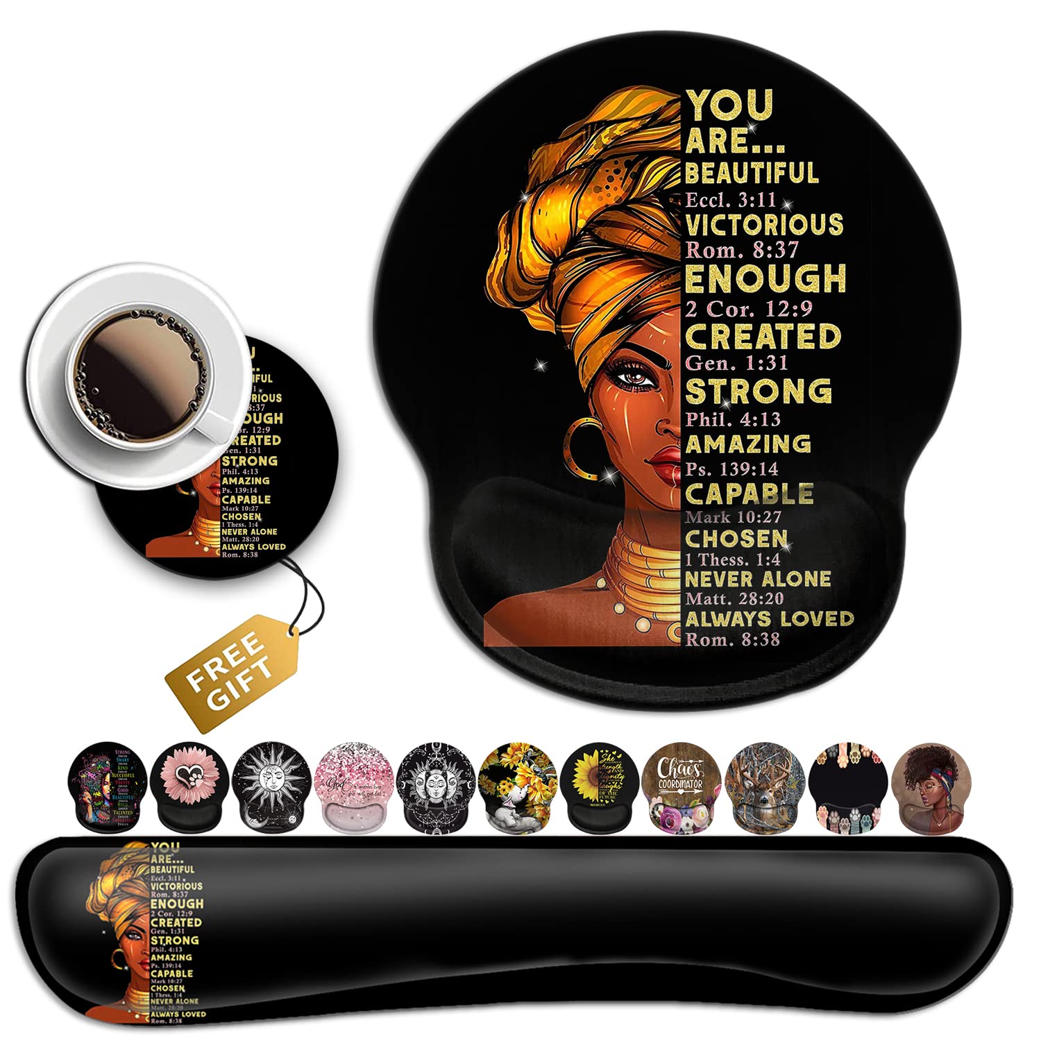 Black Mouse Pad with Stitched Edge Non-Slip Rubber Base, Office Accessories Desk Decor for Computers, Mouse Pad and Keyboard Wrist Guard Set,African