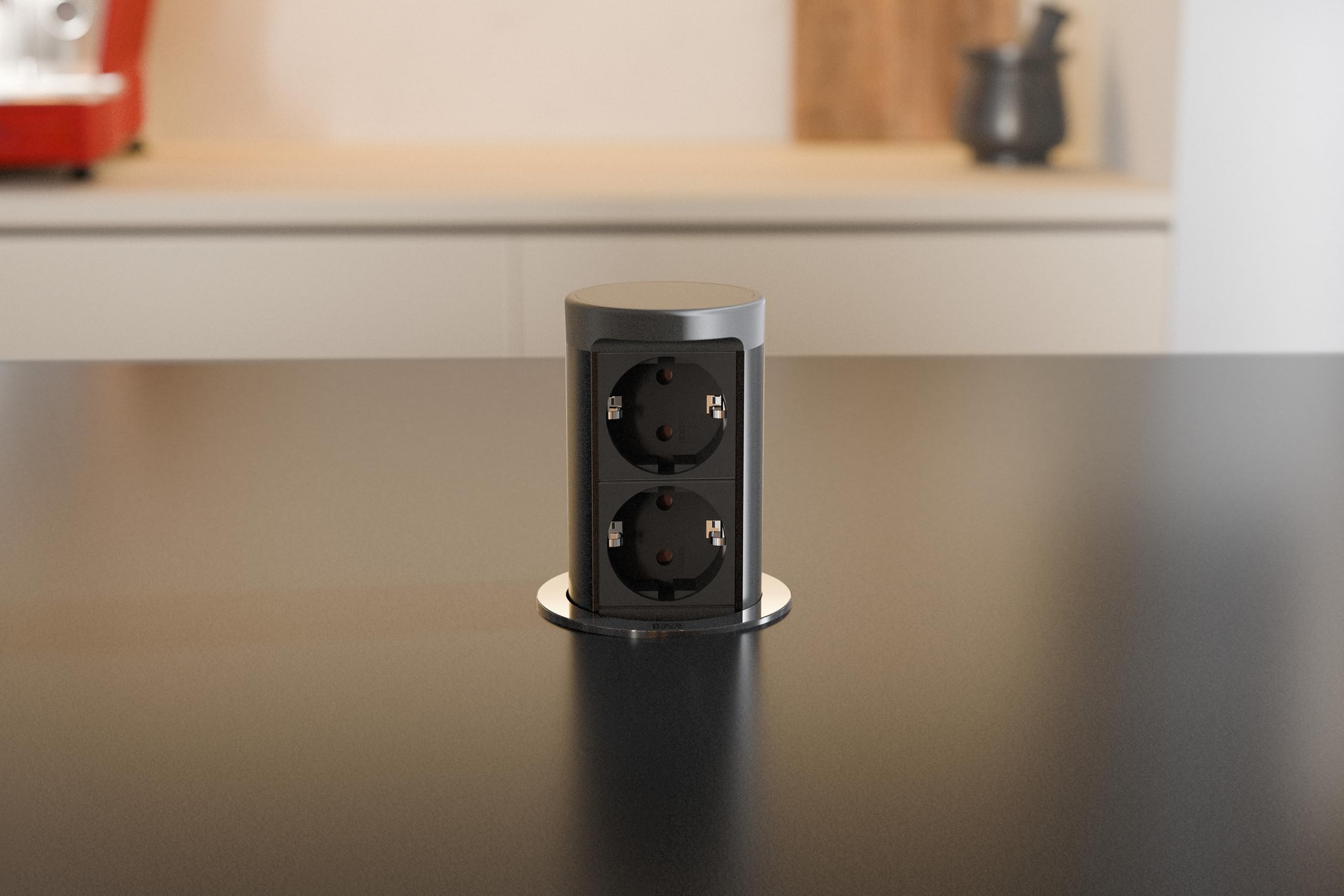 BACHMANN Presa a scomparsa Elevator 2, 2 scomparti con IP54, cavo da 2 m, per cucina e ufficio, effetto acciaio inox (spinta con le dita) (nero, 2 scomparti IP54)