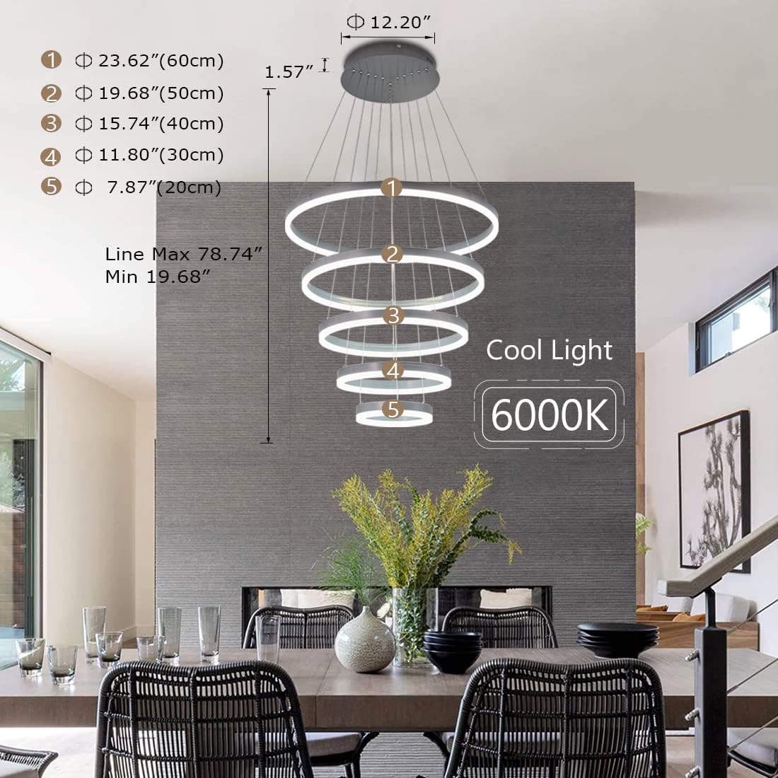 Modern Chandelier, Dimmable 5 Rings Chandelier Light Fixture Luxury Big LED Chandelier for High Ceiling Living Room Foyer,Contemporary Acrylic Modern Led Pendant Light Fixtures with Remote Controller