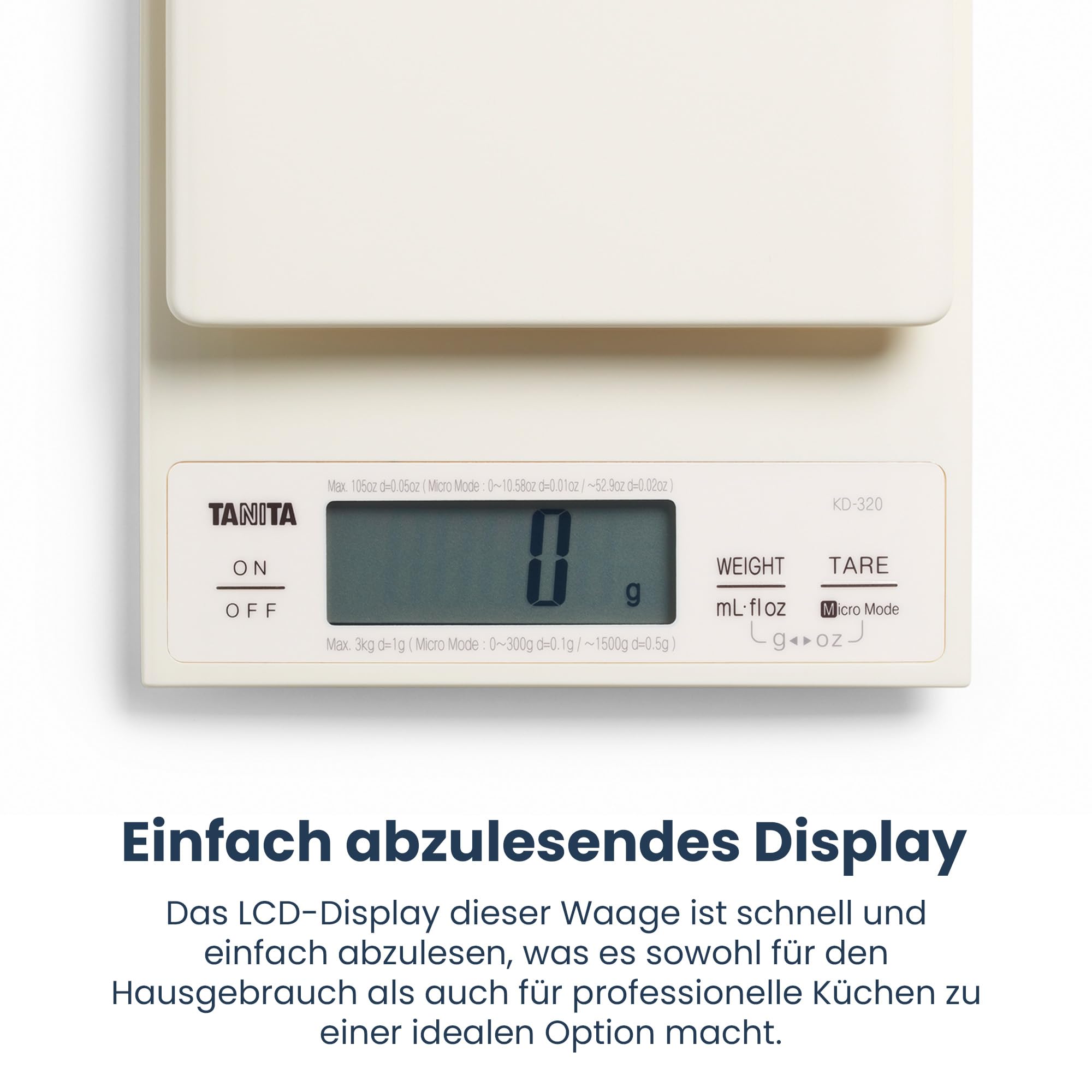 Tanita KD-320 Digitale Küchenwaage Creme – Präzise digitale Küchenwaage 3 kg, Edelstahlplattform, Lebensmittelwaage zum Kochen und Kalorienzählen, Küchenutensil