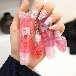 SMART BEAUTY Cute Strawberry Bunny Lip Gloss Set with Keychain – Moisturizing Glitter Lip Gloss for Girls &amp; Teens, Kawaii ...