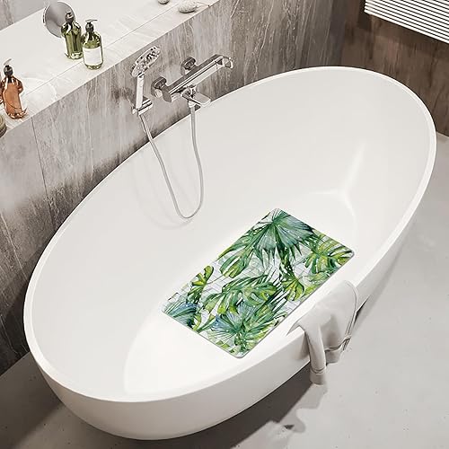 Miniatura 4 de Tapete antideslizante para bañera con hojas de palmera, 15 x 27 pulgadas, con agujeros de drenaje, ventosas, lavable, botánico, Monstera, para