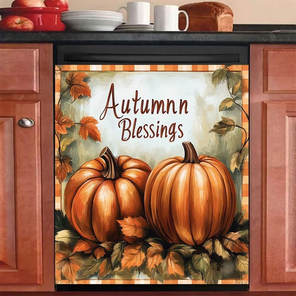 Fall Pumpkins Dishwasher Magnet Front Door Cover, Autumn Blessings Refrigerator Magnet Skin Cover, Thanksgiving Autumn Pumpkins Washing Machine Stickers Reusable (23" W x 26" H Magnetic)