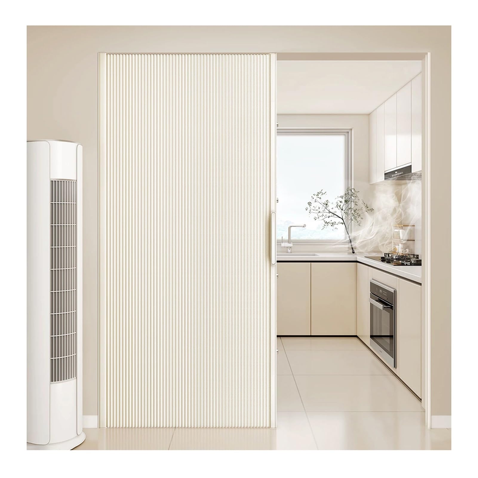 Kphymod Beige No Drill Honeycomb Folding Accordion Door, Frameless No Bottom Track Blackout Temporary Room Divider Partition Curtain For Bedroom Kitchen Bathroom(,H 200Cm - W 160-210Cm)