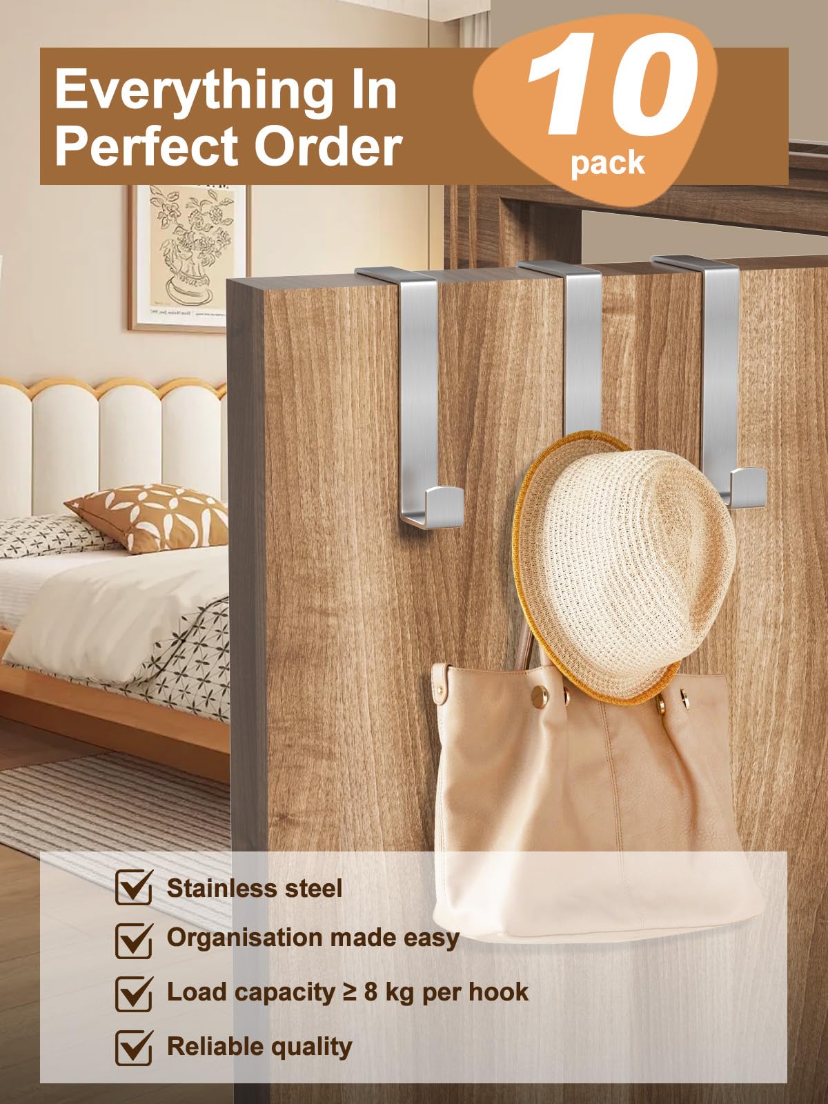 MOSUO Gancio per Porta, 10 Pezzi Porta Asciugamani Acciaio Inossidabile Porta Appendiabiti, Ganci Appendiabiti Per Camera Da Letto, Bagno, Cucina, Armadietto, Argento