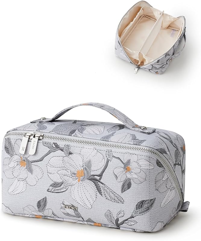 Necessaire de maquiagem EACHY em PU, com abertura de 180°, divisória e alça, CI-Gray Large Floral, 1 unidade