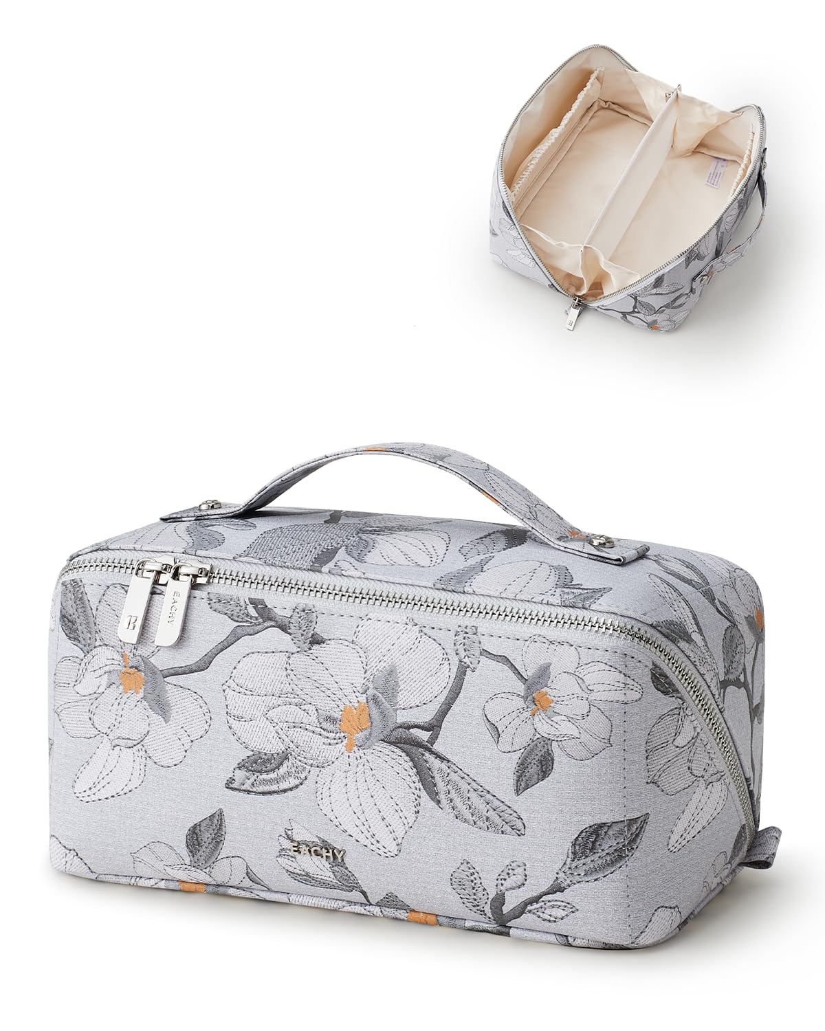 EACHY Makeup Bag, Waterproof PU Leather Travel Toiletry Bag for Women, 180° Wide-Open Flat Cosmetic Bag, Large Capacity Makeup Pouch with Divider and Handle