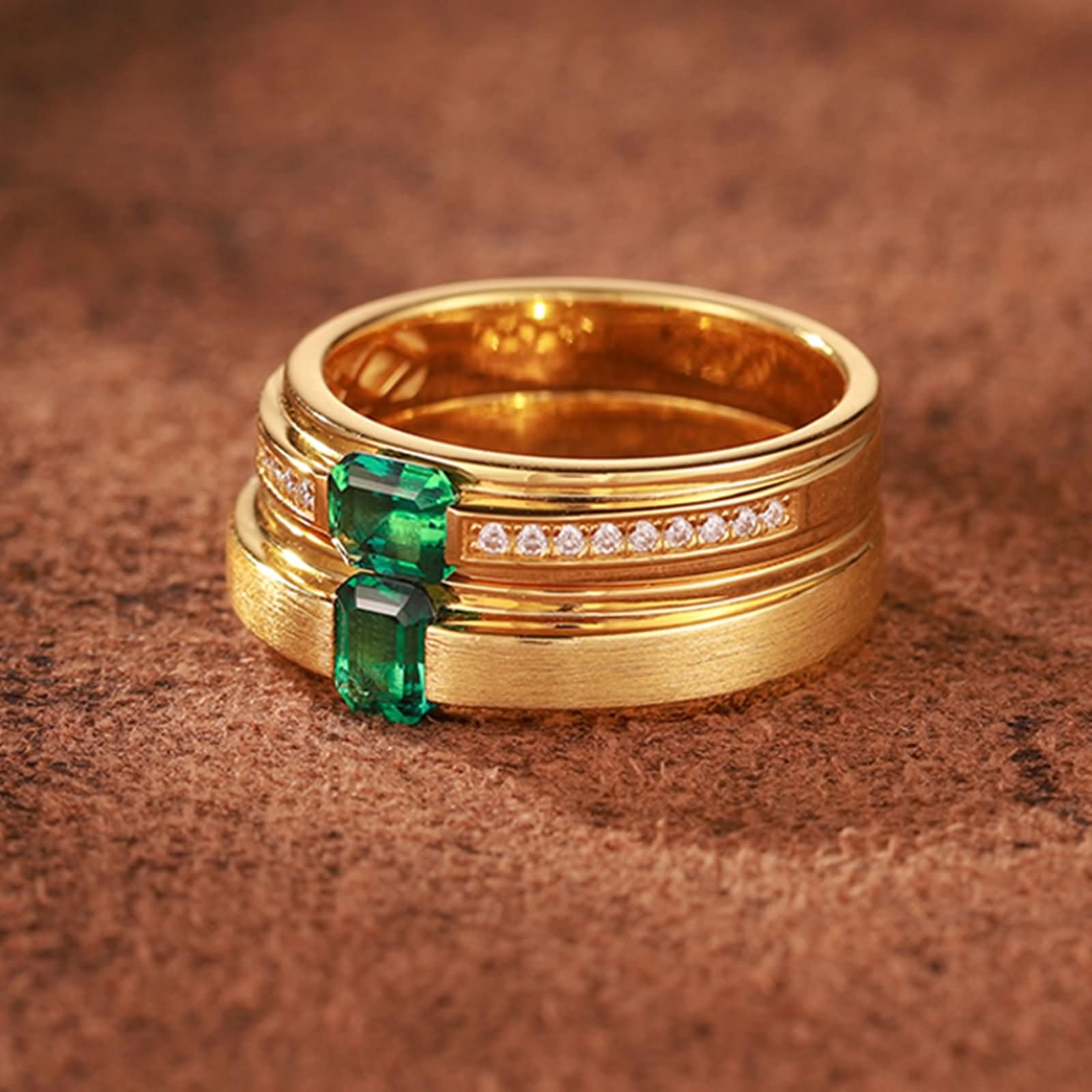 Anillos Boda de Oro Amarillo 9K / 14K / 18K para Parejas, Redondo Pulido y Rectángulo con Esmeralda de 0,5 ct y Moissanita, Anillos de Promesa Oro Verde Mujer Hombre