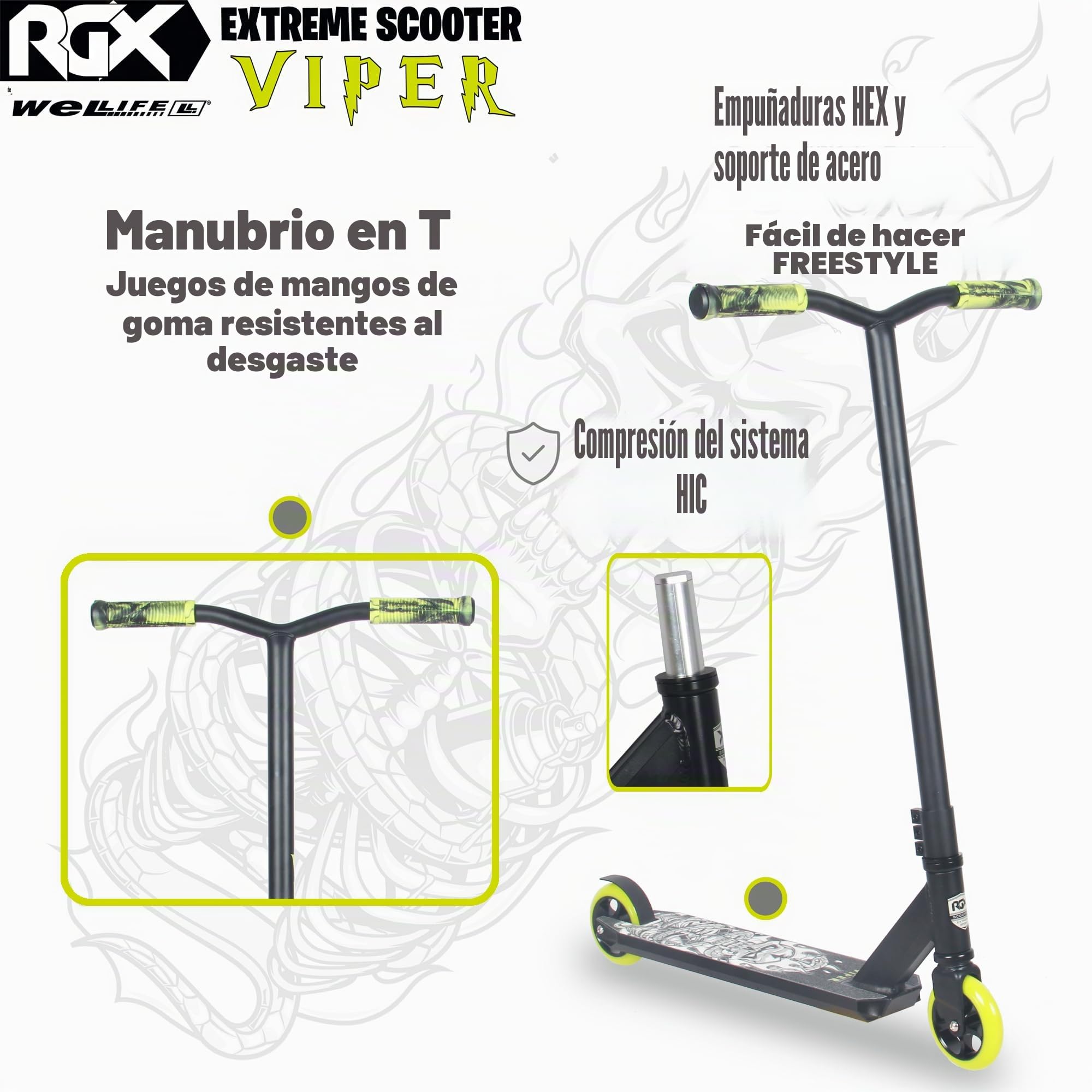 WeLLIFE Patinete Freestyle Viper RGX - Patinete Freestyle Profesional, Manillar HIC System, Ruedas PU 110mm y Llantas de Aluminio, Rodamientos Abec9, Patinete Acrobático para Adultos y Niños