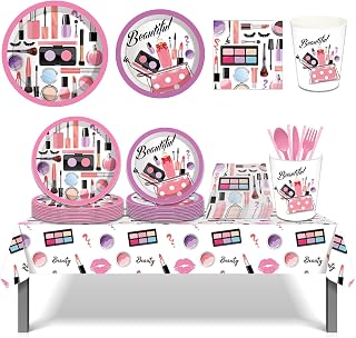 79PCS SPA Makeup Party Supplies Tableware Tablecloth, Makeup Party Decorations for Women Girls Makeup Party Table Decors Dinnerware Disposable Plates Cups Napkins Knife Fork Spoon Straw, 8 Guests