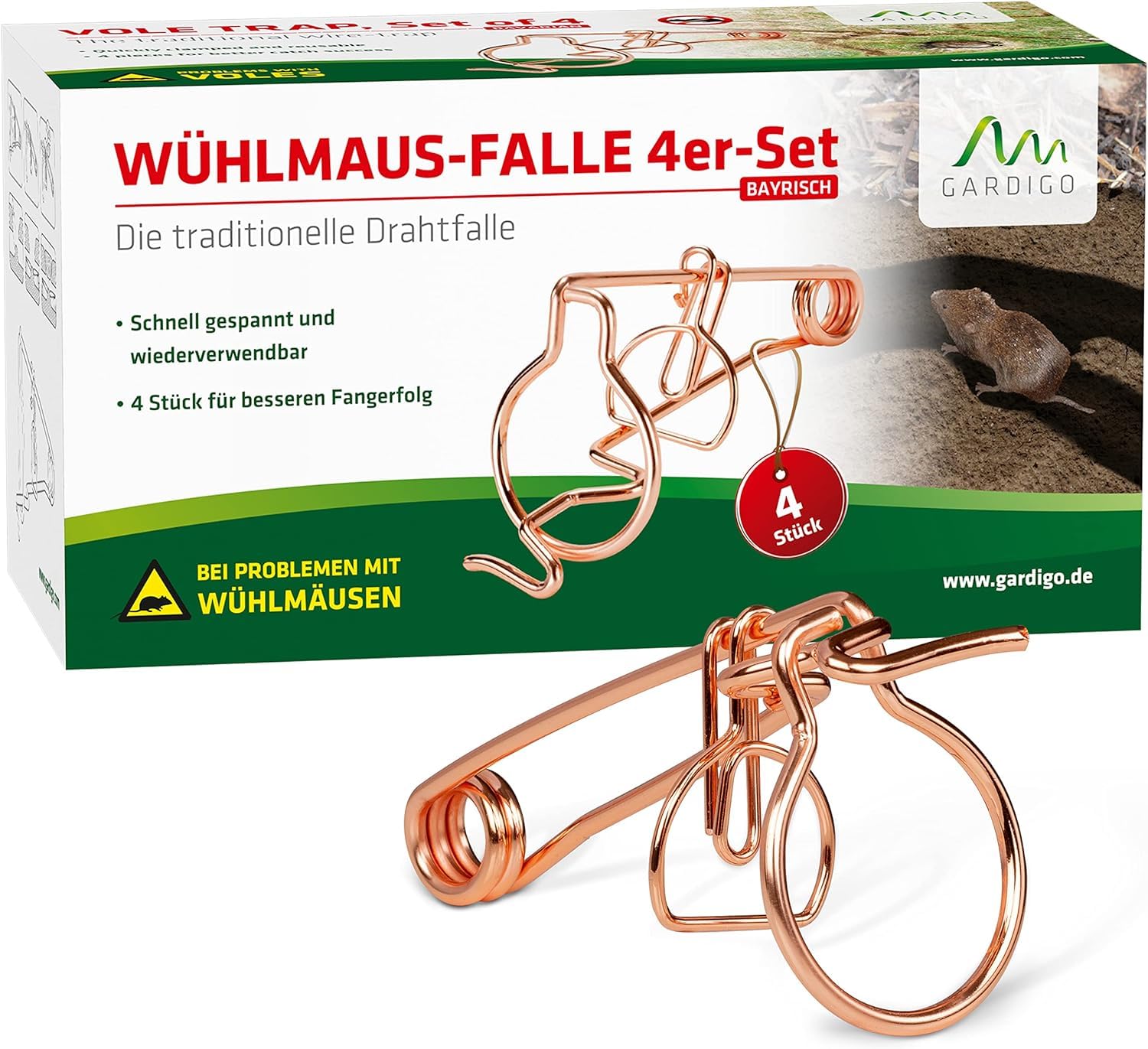 GARDIGO® 4x Trappole per Arvicole in Filo di Rame - Modello Bavarese | Trappola per Talpe riutilizzabili per combattere Talpe e Arvicole | Deterrente per Arvicole | 5,5x8x15,5cm | Anti Talpe, Arvicole