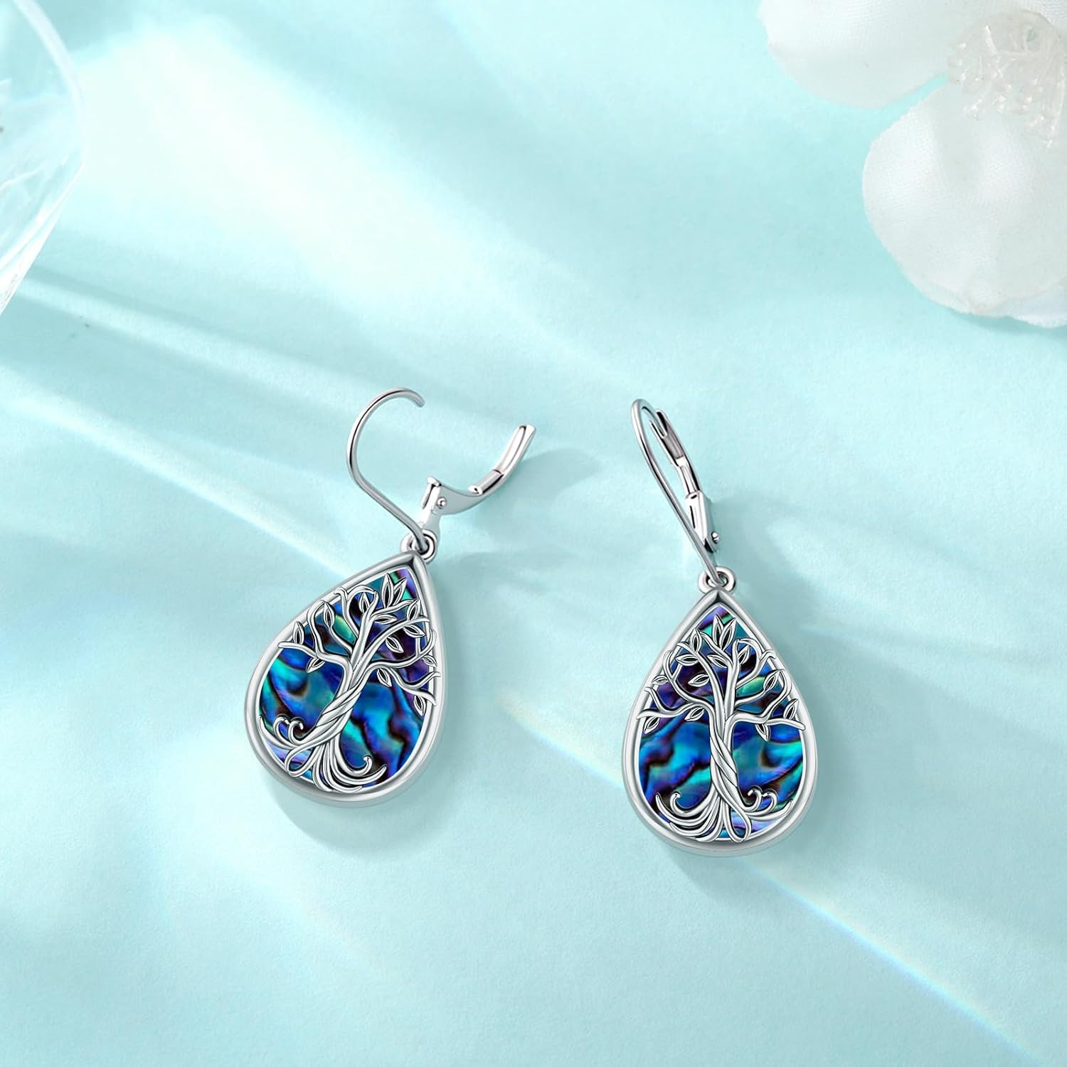 Eusense Sterling Silver Earrings for Women Moonstone/Turquoise/Abalone Shell/Tree of Life/Animals Dangle Leverback Earrings Jewelry - Image 3