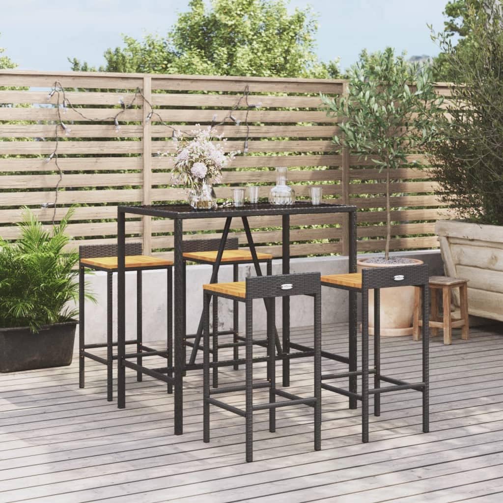 5 Piece Black Poly Rattan and Solid Wood Acacia Garden Bar Set with Tempered Glass Tabletop and Powder-Coated Steel Frame for Outdoor Patio