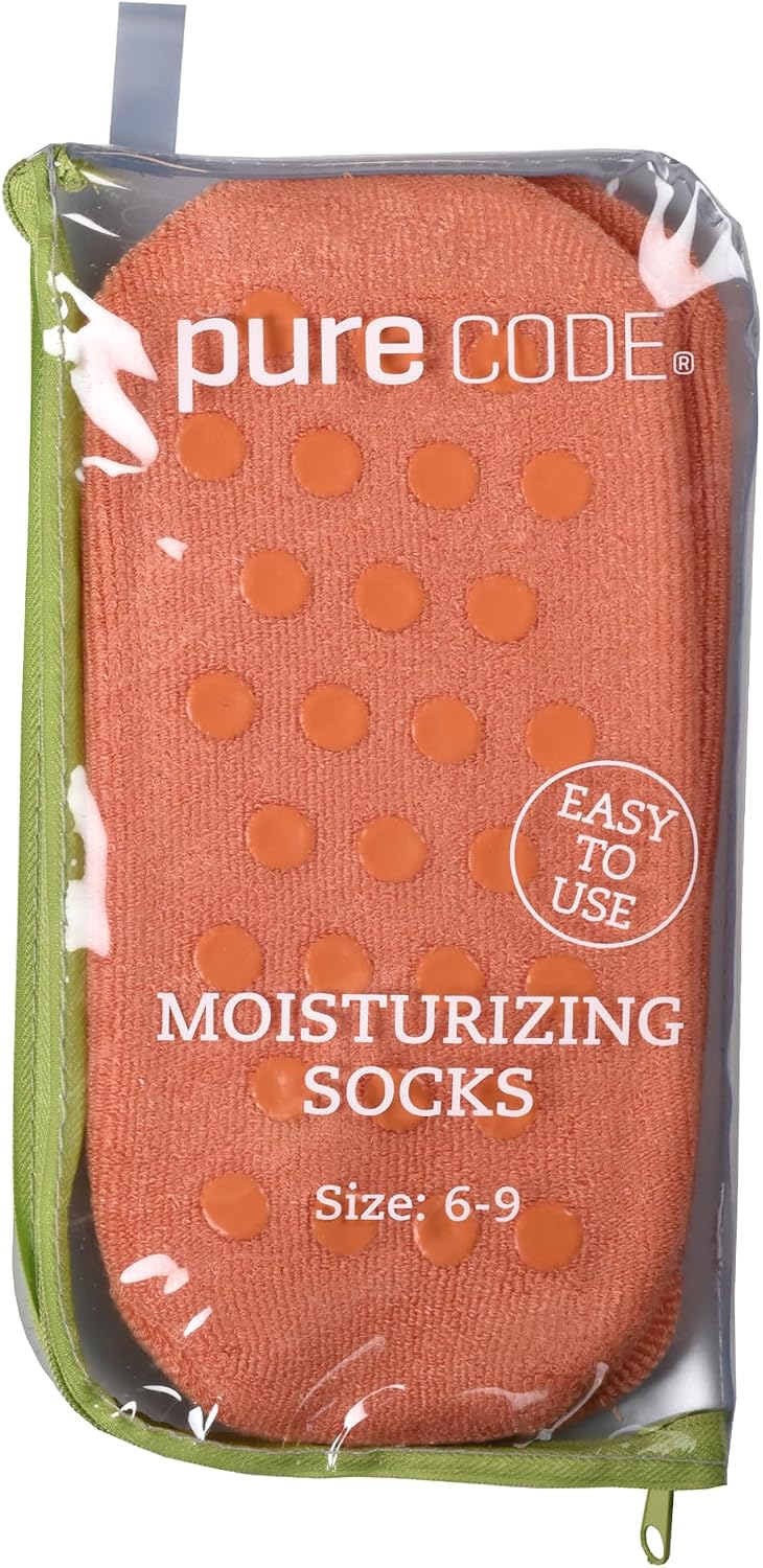 PURECODE Moisturizing Gel Socks for Advanced Moisturizing | Dry Feet, Cracked Heels, Rough Feet, Cracked Skin. Size: 6-9 (Peach)