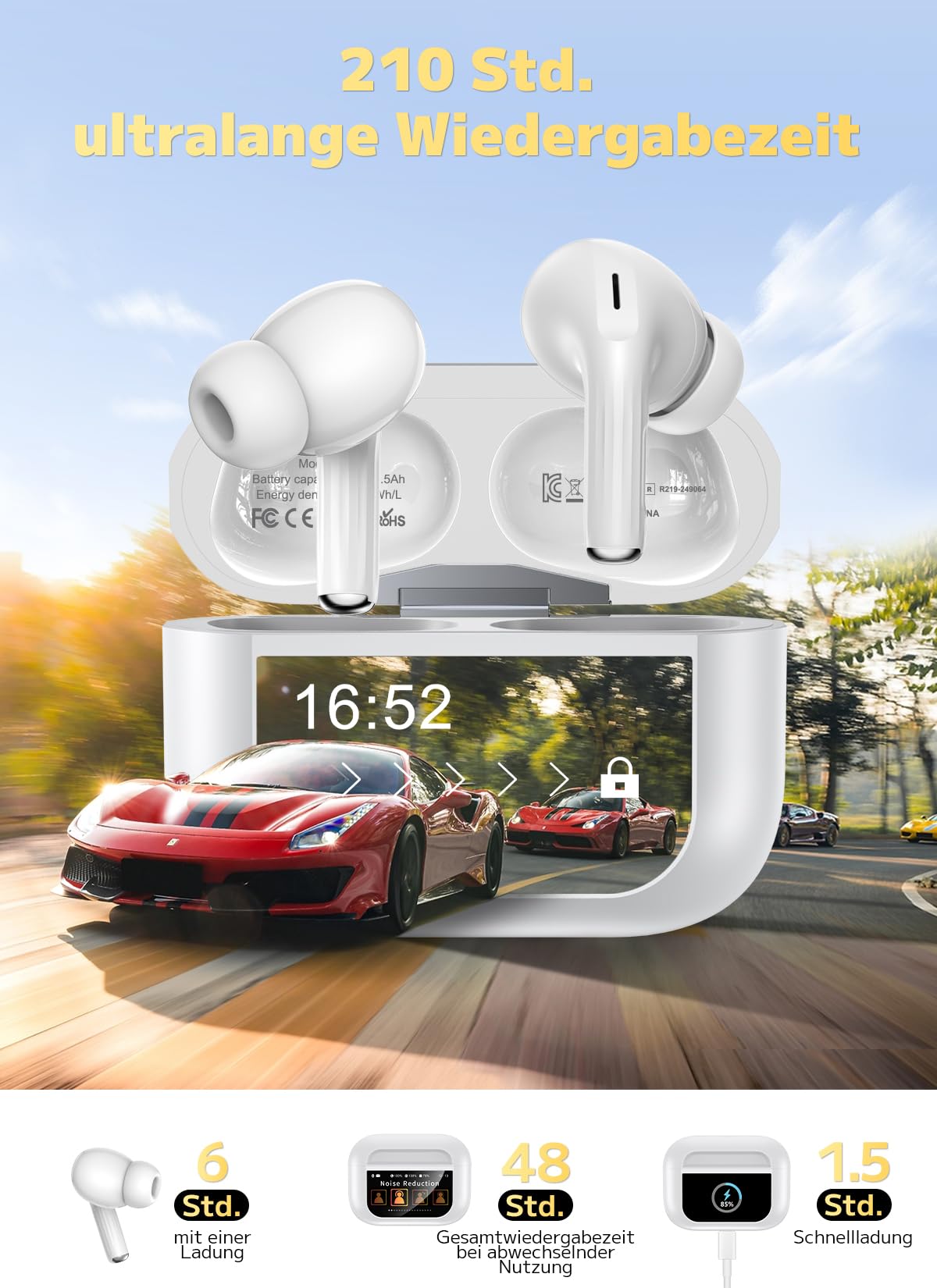 ZZU Kopfhörer Kabellose Bluetooth mit Smart Touchscreen, 48 Std. Laufzeit, Bluetooth 5.4 In-Ear Ohrhörer mit ANC & ENC Geräuschunterdrückung, 5 EQ-Modi, HiFi Stereo, IPX7 Wasserdicht Lachs