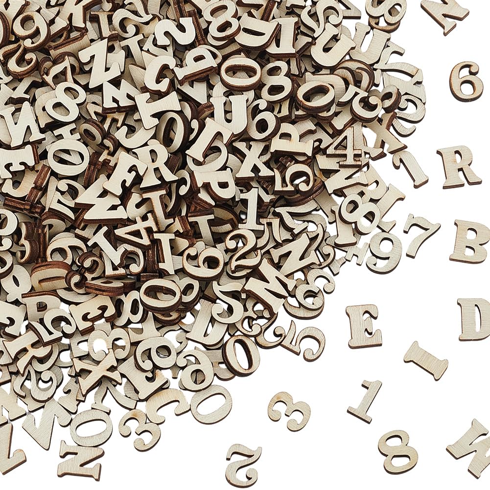 SOFPLATE 1 Box 400Pcs Random Mixed 15mm Wooden Letters Numbers Unfinished Wood Numbers Alphabets Assorted Shapes Small Slices Chips for Crafts DIY Spelling Painting Arts Home Wall Decoration Adults
