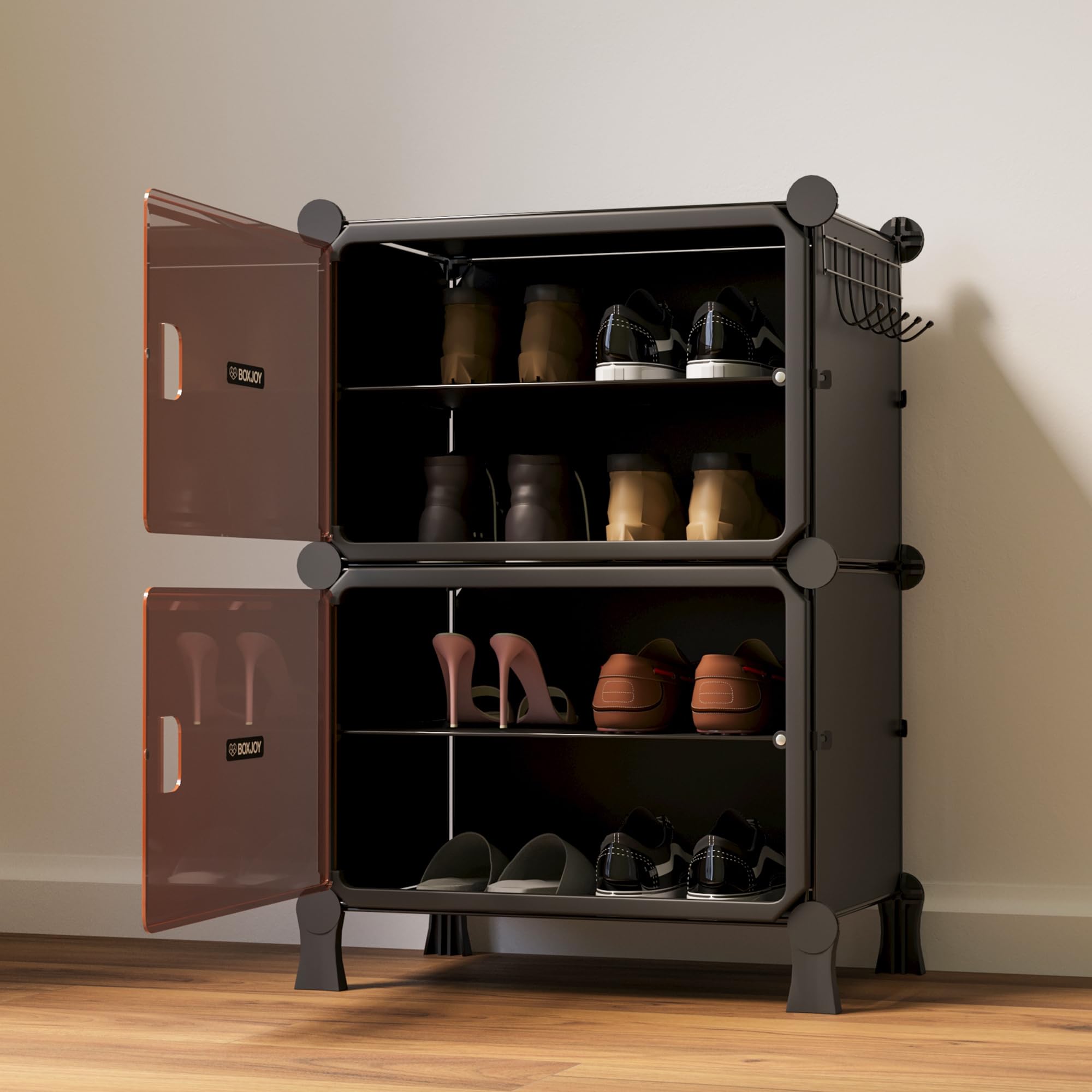 BOXJOY 4 Shelf Black Shoe Rack with 2 Brown Doors & Steel Holder | Hard PET Plastic Door with Metal Frame & Wooden Hammer, Home Shoes Stand Organiser with Feet to Cover Slipper Chappal Sandals