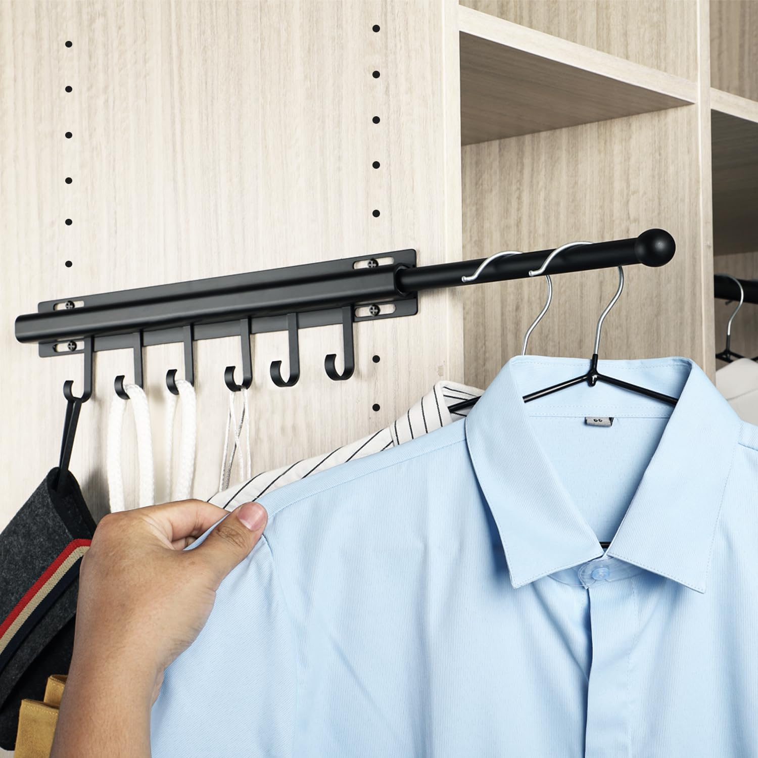 BaiNong Valet Rod for Closets Pull Out 16.5" Black with 6 Hooks