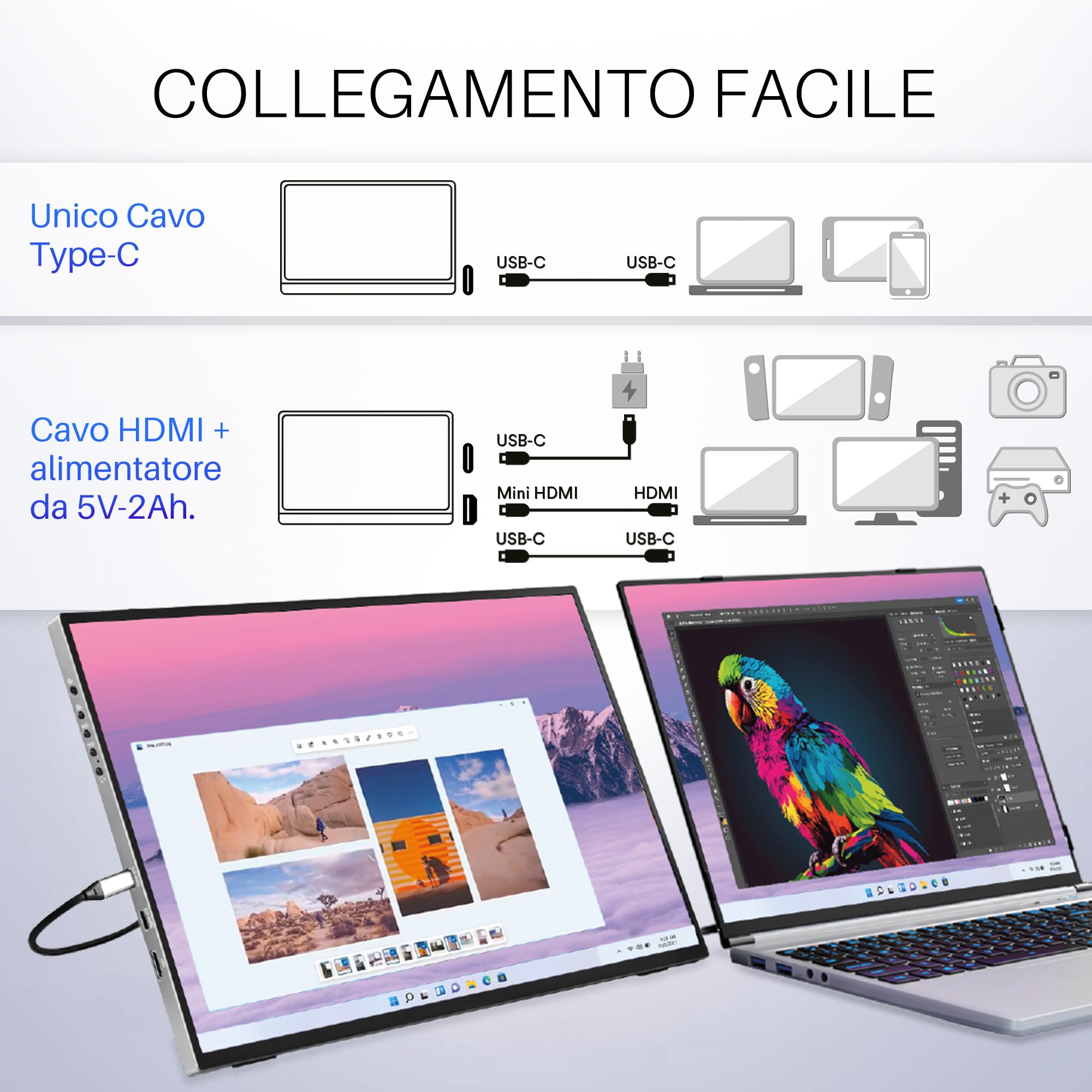 Atlantis Monitor Portatile TouchScreen 16” IPS Full HD HDMI/USB-C, inf 1 kg | Speaker 2x1W, inclinazione regolabile, Pivot, per notebook e console, cavi inclusi, cod. A05-P156LPT