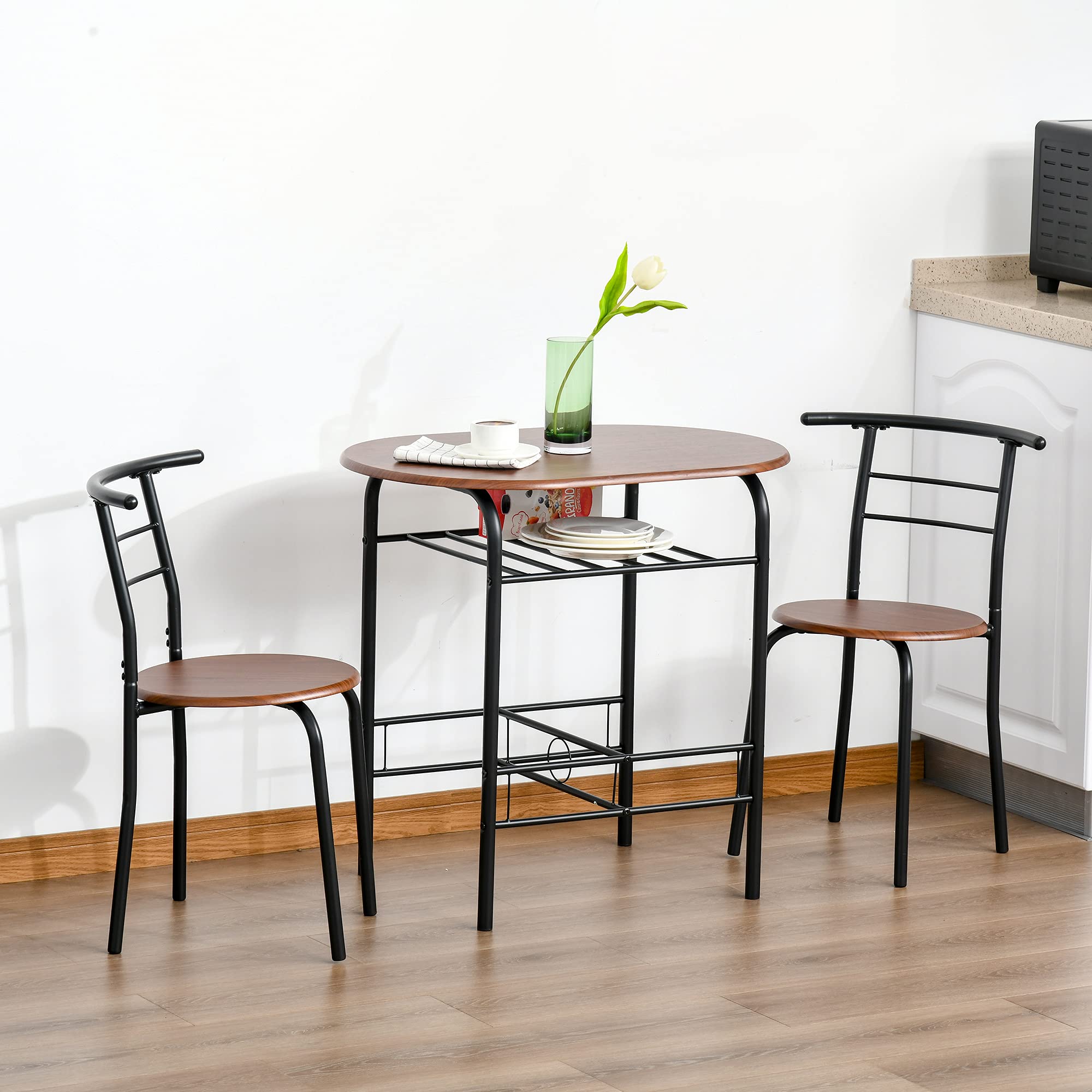 HOMCOM Set Tavolo Moderno con 2 Sedie per Sala da Pranzo, Set 3 Pezzi Mobili Salvaspazio da Cucina, Balcone, Ristorante o Bar, Marrone e Nero