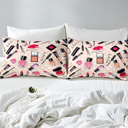 Miniatura 5 de Erosebridal Juego de ropa de cama de moda con temática cosmética de maquillaje, funda de edredón moderna de microfibra suave para decoración del