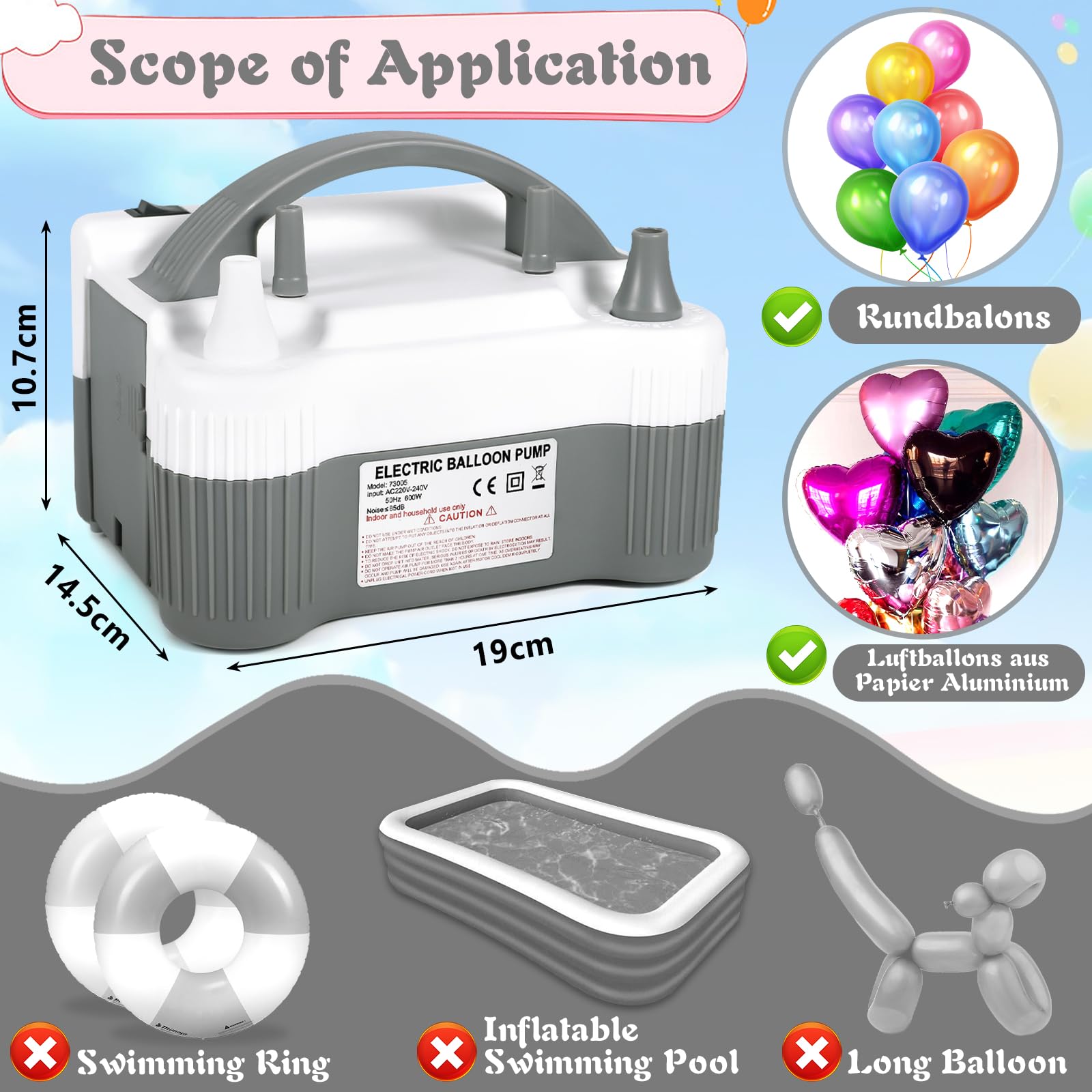Pompe à Ballon électrique avec Accessoires de décoration,Gonfleur Ballon 220-240V 600W,Pompe à Ballon Haute Puissance,Deux Modes,Deux Buses,pour Anniversaire,fête, Mariage,décoration de Noël.