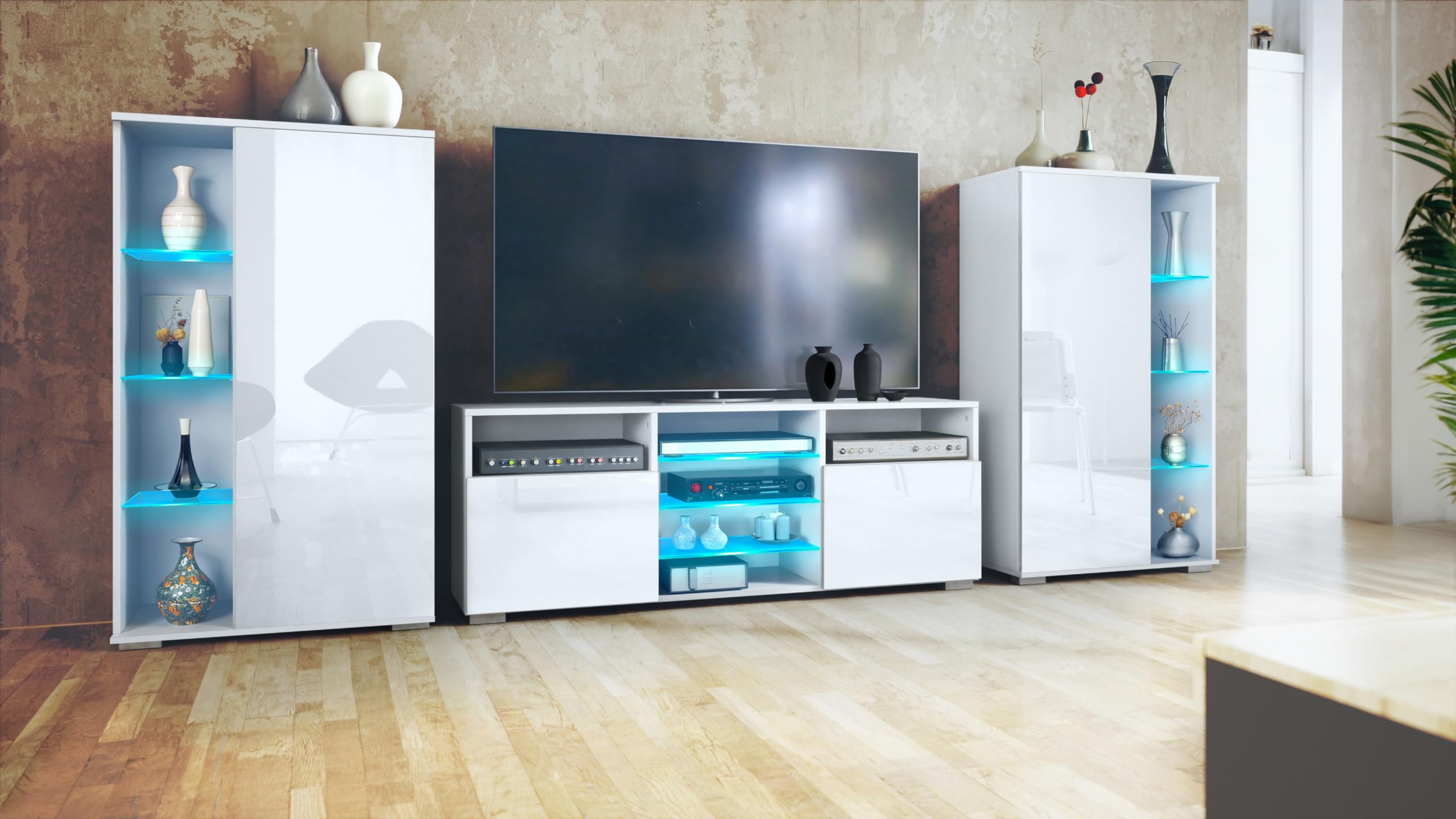 Vladon Mobile Parete Davos per Soggiorno, Composto da 2 vetrine e 1 Mobile TV, Bianco Opaco/Bianco Lucido incl. Illuminazione a LED (329 x 134 x 35 cm)