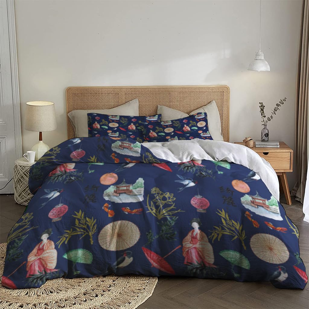 Duvet Cover Asia Kimono Girl Birds Bamboo Sakura On Navy Color Soft & Breathable, Durable Comfy Bedding Set for All Seasons