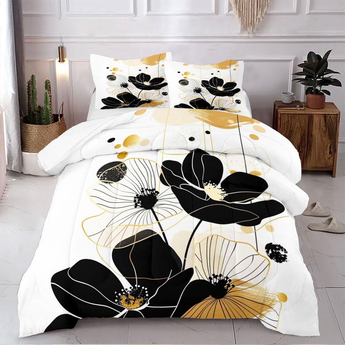 CCoutueChen Black White Floral Comforter Set Twin Size