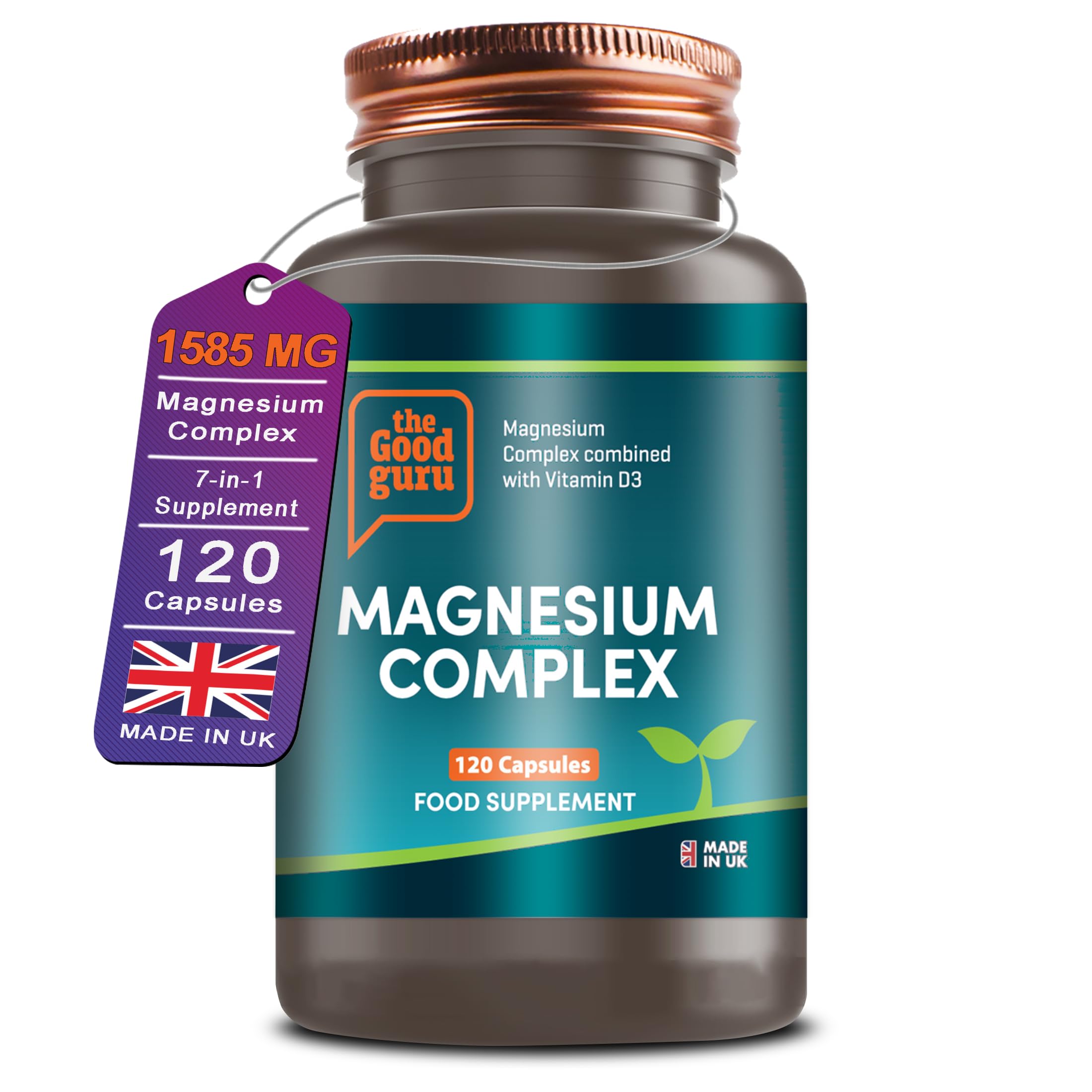 Magnesium Complex Supplements 7 in 1-1585 MG Glycinate, Citrate, Malate, Taurate, Zinc, B6, D3 â 120 Vegan Capsules â Muscle, Bone, Sleep Support, Magnesium Complex Capsules by The Good Guru,