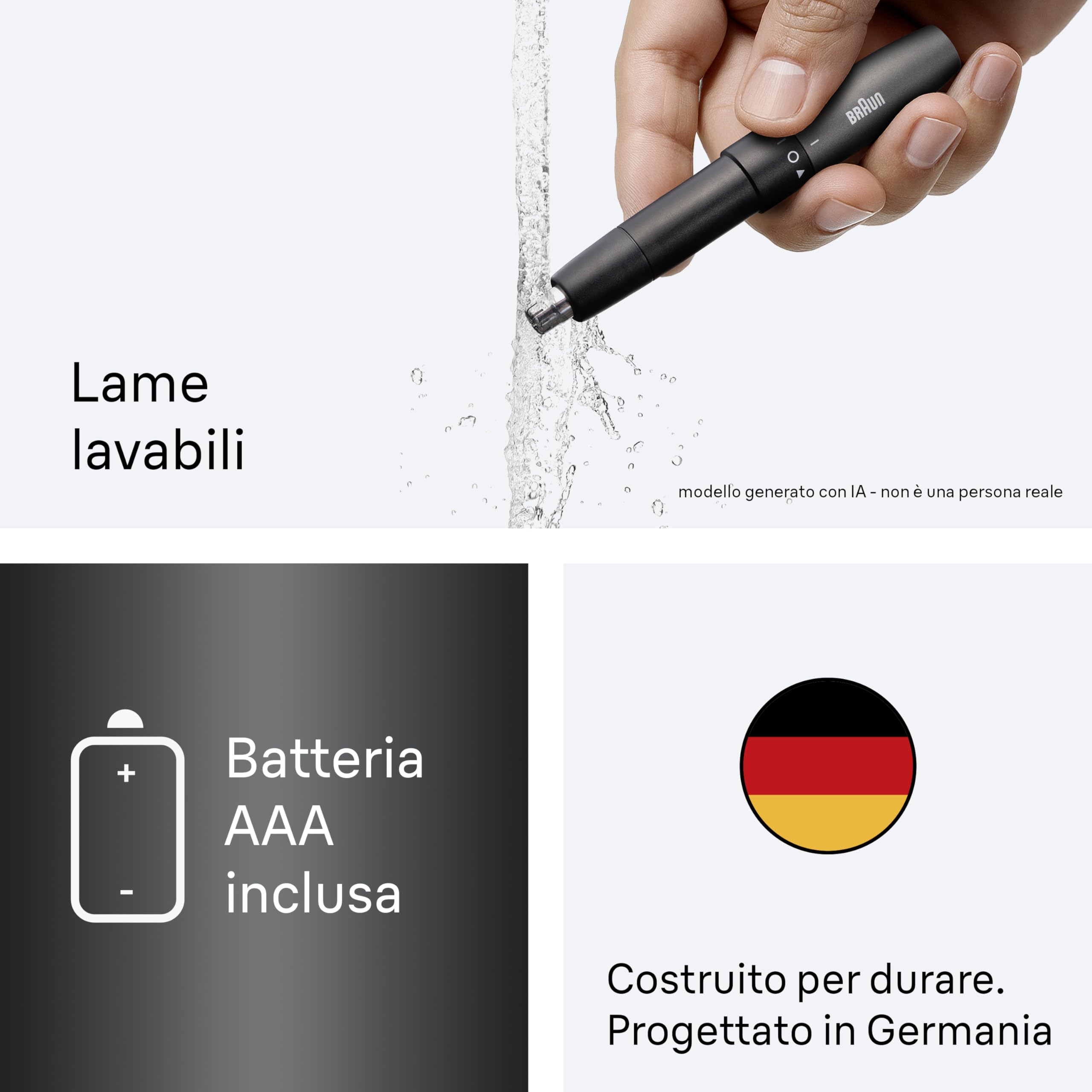 Braun EN21 Rifinitore per Naso e Orecchie, Grigio, a Batteria | Tascabile, Doppia Lama, Tecnologia SkinGentle, Lama Lavabile, Compatto e Pratico in Viaggio, Batteria AAA Inclusa