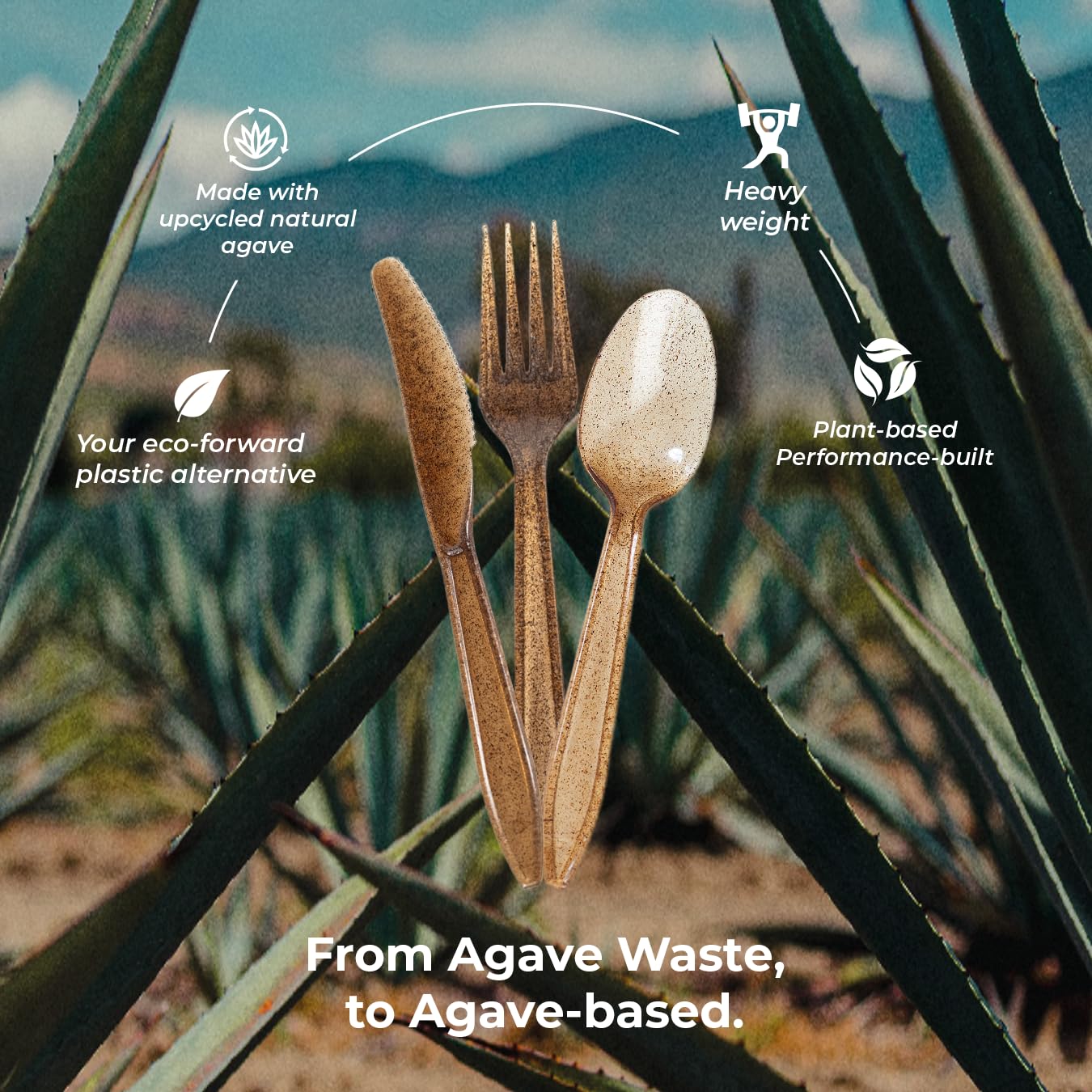 Sustainable Agave Co - Juego de cubiertos de fibra de agave - 200 juegos - Biodegradable, a base de plantas, hechos con materiales reciclados - Tenedores, cuchillos y cucharas marrones a granel