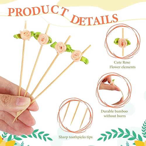 Miniatura 2 de Soaoo 400 palillos de cóctel con temática de boda, 4.72 pulgadas, desechables, de bambú, palillos de dientes, palillos de dientes largos de rosas,