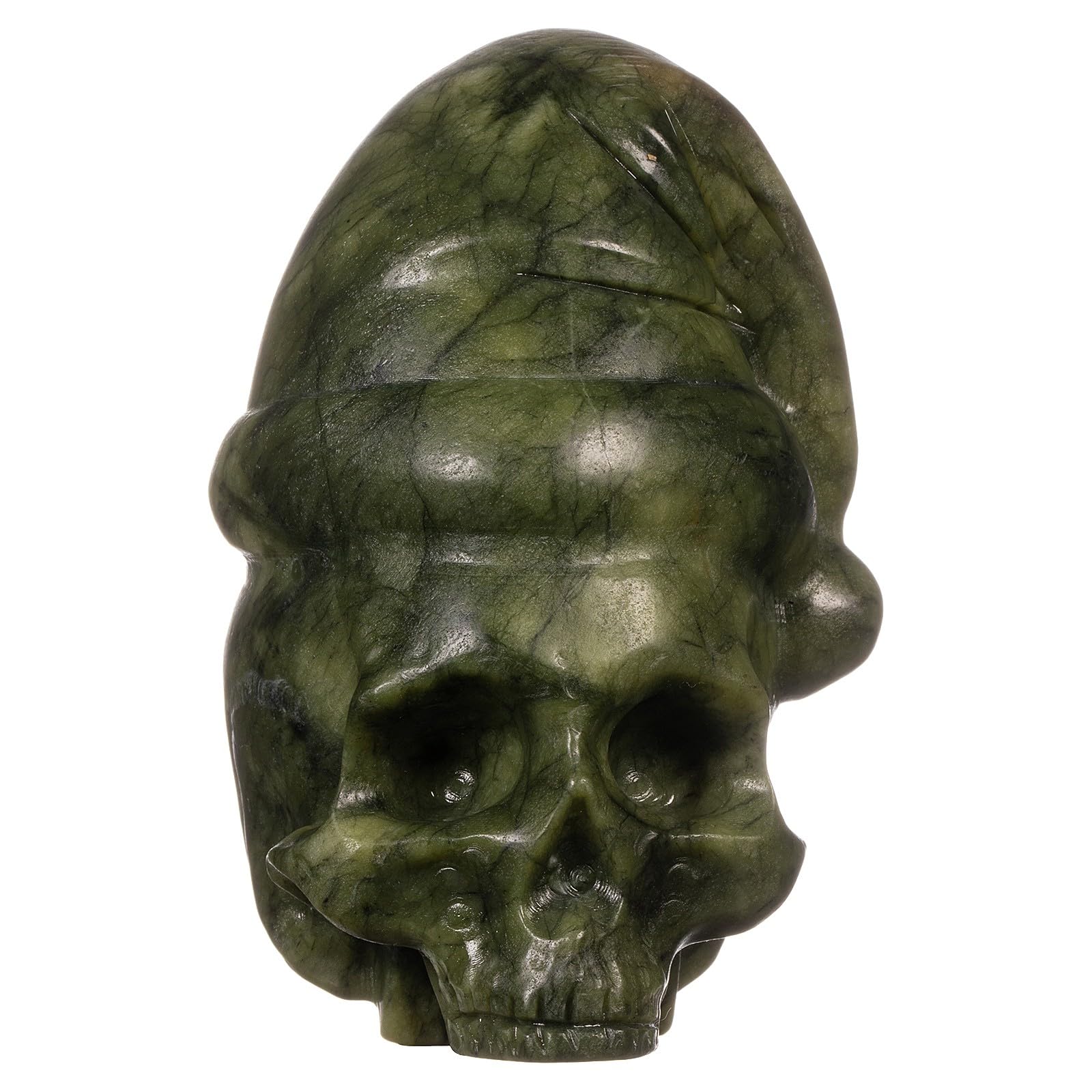 mookaitedecor Hand Carved Natural Green Jade Stone Skull Ornament with Sleep Hat Cute Gothic Home Decor