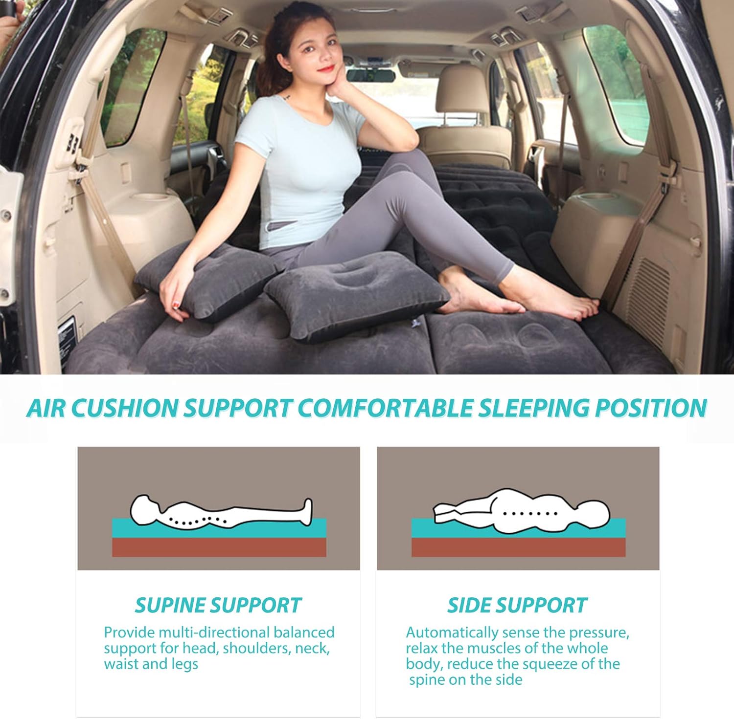Car Inflatable Mattress with Pump, Portable SUV Air Bed for Camping, Home, Travel, Hiking, Full Size Blow Up Sleeping Pad with 2 Pillows, Extended Back Seat Airbed for Truck, RV, Upgraded (Black) : Sports & Outdoors