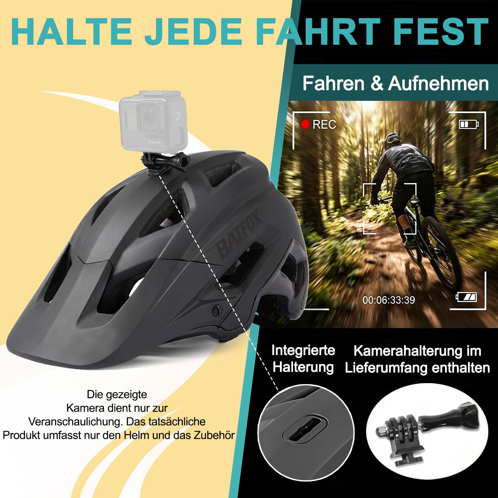 KINGBIKE Mountainbike Fahrradhelm Herren und Damen mit Kamerahalterung, Leichter MTB Helm Fuer Erwachsene, atmungsaktiv, verstellbar 56-60 cm, Fuer Rennrad, City und E-Bike