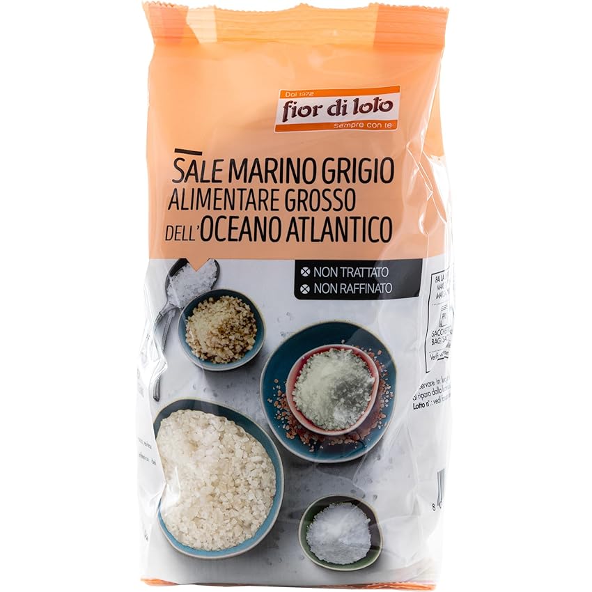 Fior di Loto Sale Marino Grosso Scuro Atlantico - Cristalli di Sale Marino Naturale - Sale Grosso Non Raffinato - 12 x 1000 g