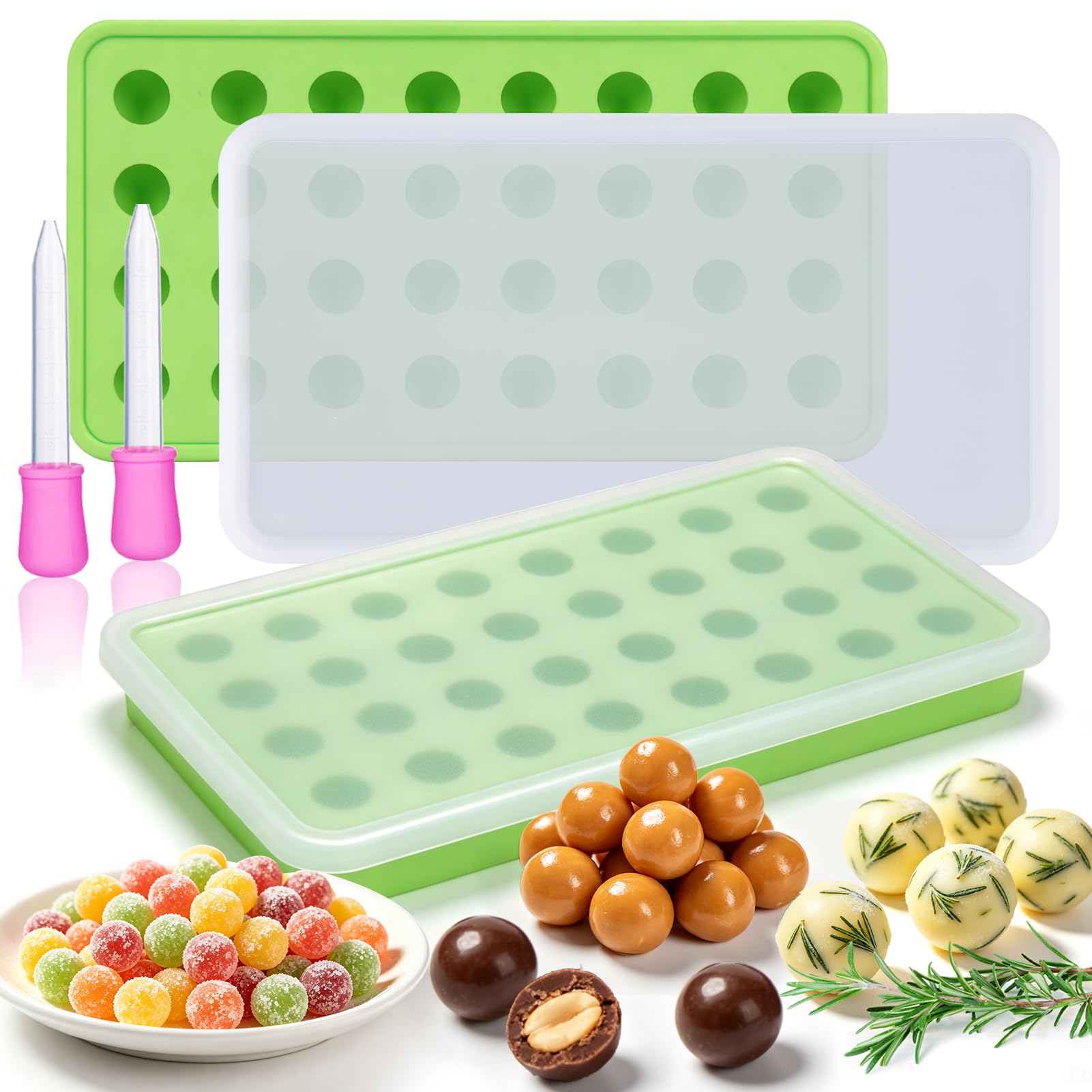 AIERSA Round Silicone Gummy Molds, 32 Cavity Cube Trays with Lids, 2 Pack