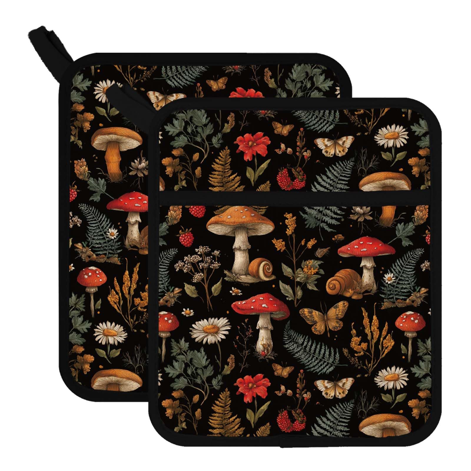 FREEBLOSS 2 presine con motivo a funghi per la cucina, in cotone, resistenti al calore, per cucinare e cuocere 7,8 x 9,5 cm