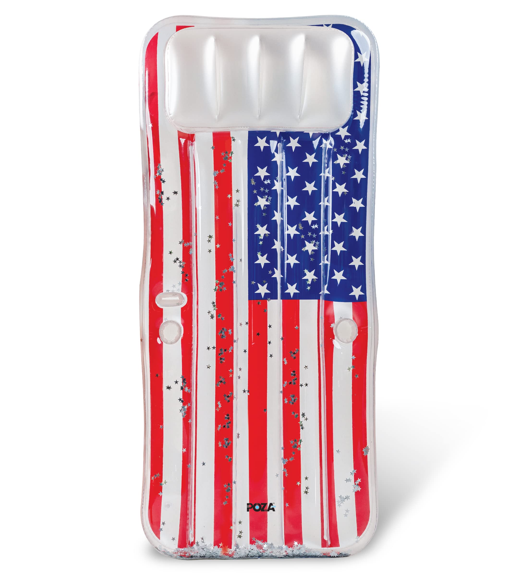 POZA Inflatable Giant USA Flag Pool Mattress - Big Luxurious Pool Float Lounger Filled with Sparkle Confetti, Premium Thick Air Mat, Built in Headrest, Phone Holder, and Cup Holders - 76x32 Inches