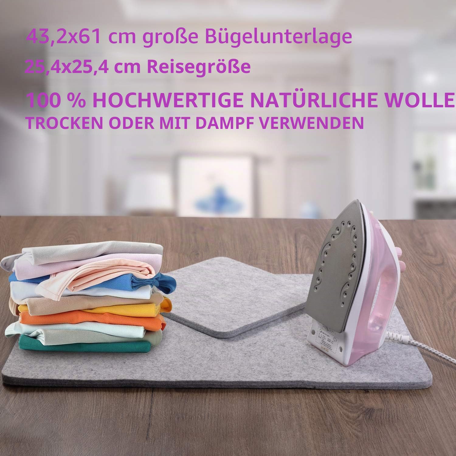 43,2 x 61 cm Woll-Pressmatte zum Quilten, große Größe und 25,4 x 25,4 cm, tragbare Größe, 100 % Wolle, Bügelunterlage mit Schere, Klebeband, Filz-Aufbewahrungstasche und 40 Nähnadeln