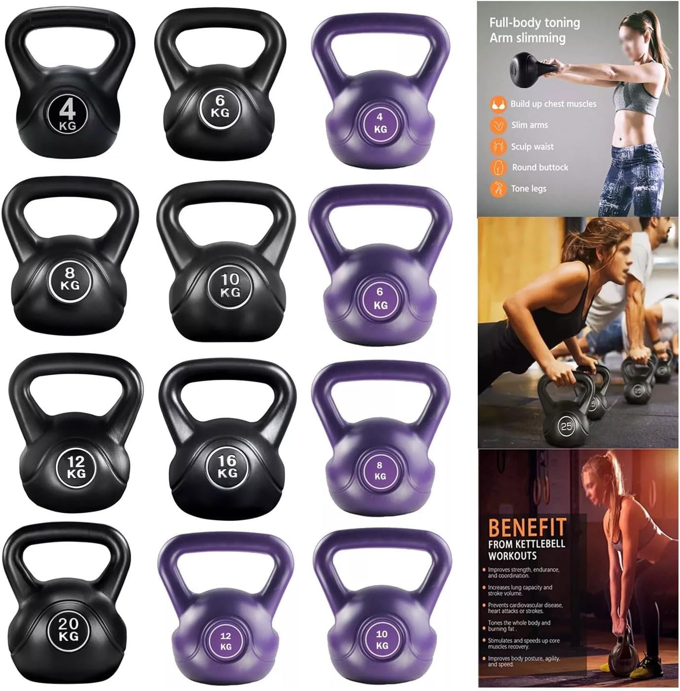 Vinyl Kettlebell Weight Set Kettlebells Exercise Home Gym Fitness Workout 4-20kg | Heavy Weight Kettle Bell for Strength Cardio Training - Kettlebells for Home and Gym Fitness Workout (Black, 20 KG)