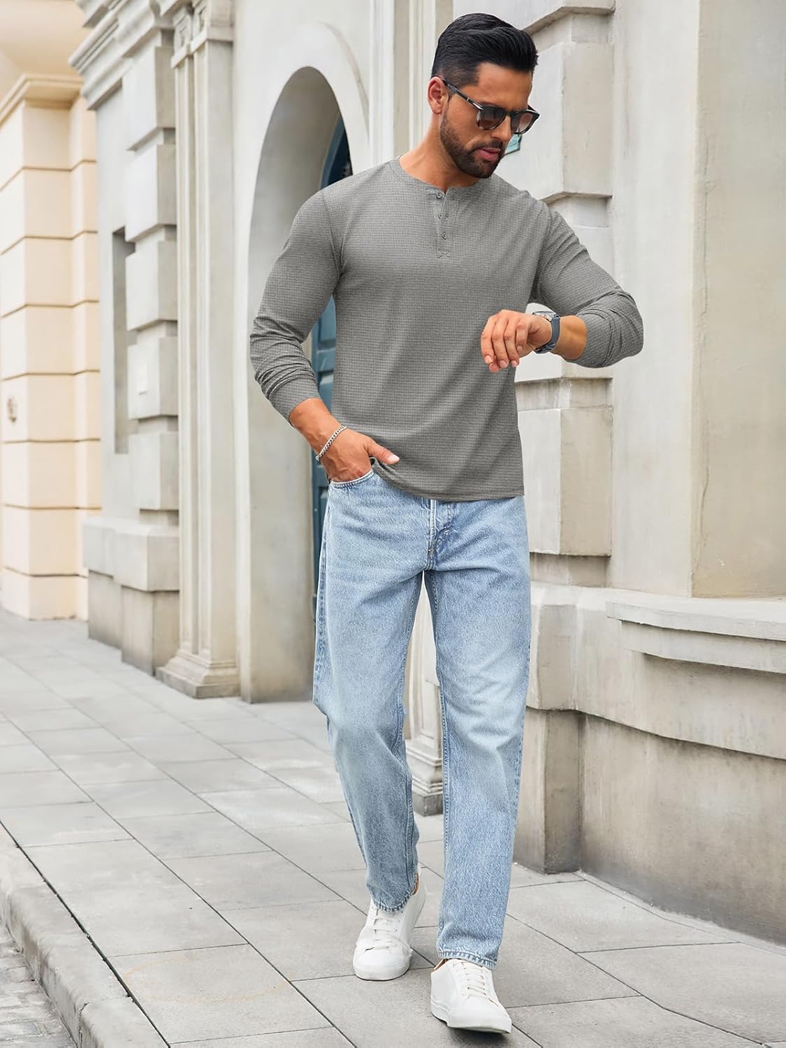 Runcati Mens Henley Long Sleeve Shirts Waffle Button Casual Basic Lightweight Tops - Image 4