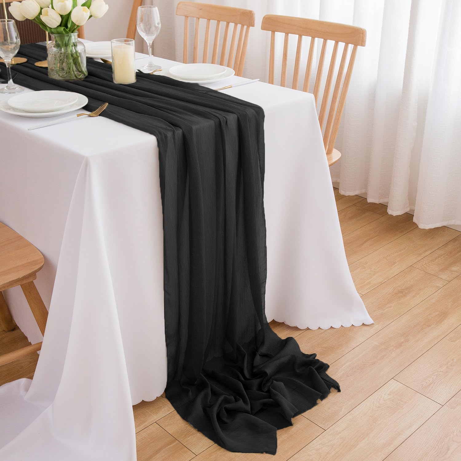 CHUQING Tischläufer Schwarz Chiffon Stoff Schwarze Tischdecke Schwarzer 3m Tischläufer 70 x 300 cm