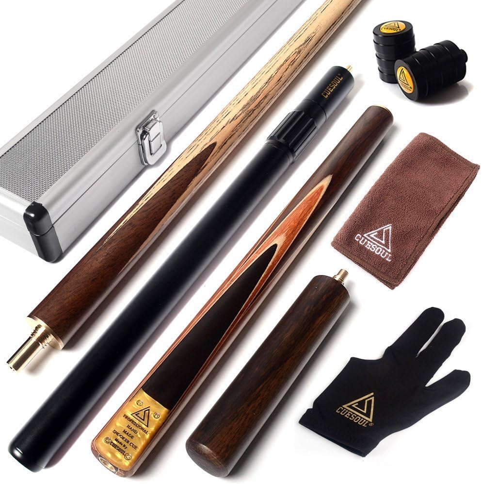 CUESOUL 57" 3/4 Jointed Snooker Billiard Pool Cue Handcrafted 18oz with Telescopic Aluminium Extension & 6" Walnut Extension, Ash Shaft & Walnut Butt, in Aluminium Cue Case, 9.5mm Tip Snooker Cue Set