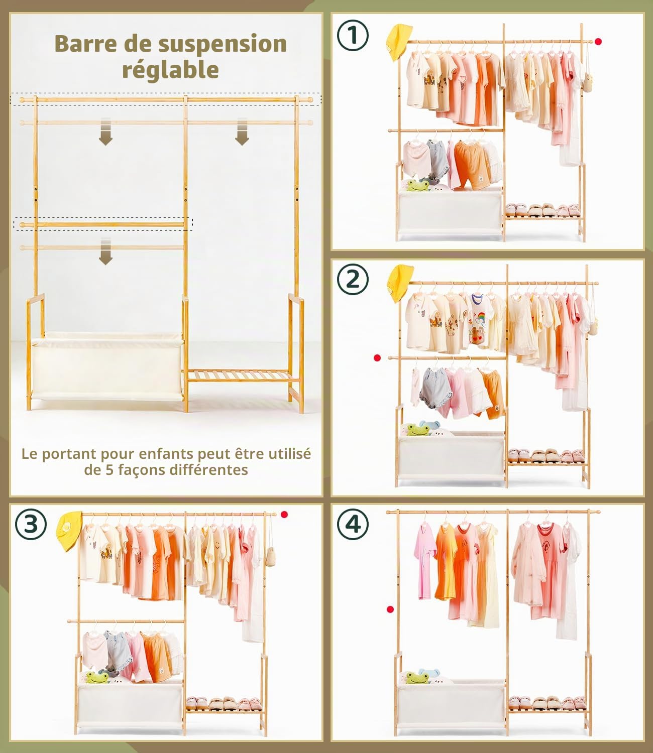 Portant à vêtements en bambou avec trois espaces de suspension, petit organisateur de vêtements pour enfants avec sac de rangement et étagère, pour costumes et accessoires