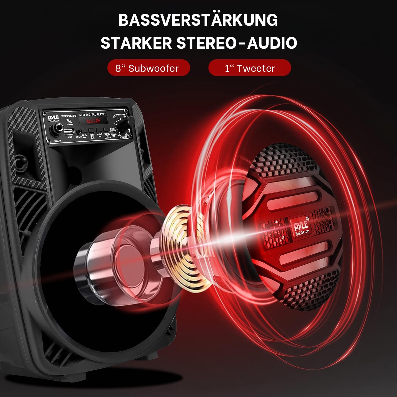 Pyle Bluetooth PA Lautsprecher 300W 8" Subwoofer mobiles PA System Karaoke Maschine Akku USB MP3 AUX FM