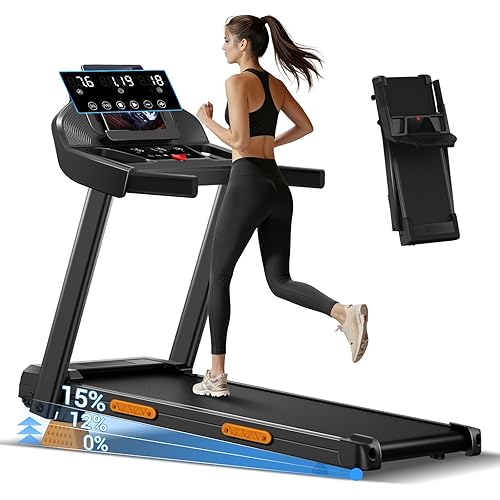 15% Incline Treadmills for Home, 3.0HP Folding Walking Pad with 400LBS Weight Capacity, Portable Treadmill with Handrails, 3 LED Displays